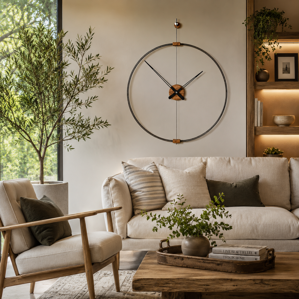 Oversized Metal and Walnut Wall Clock