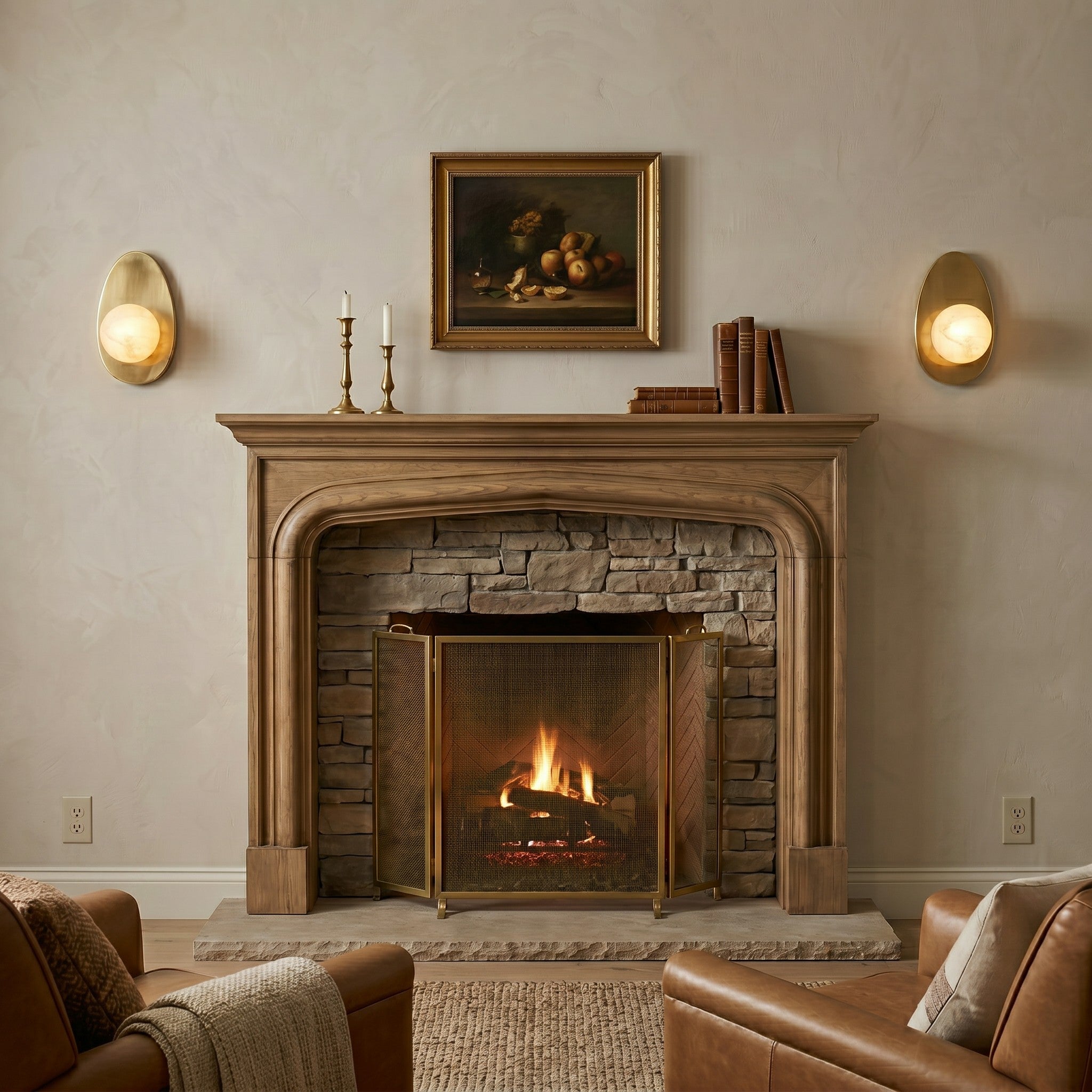 Round Alabaster Shade Brass Sconce