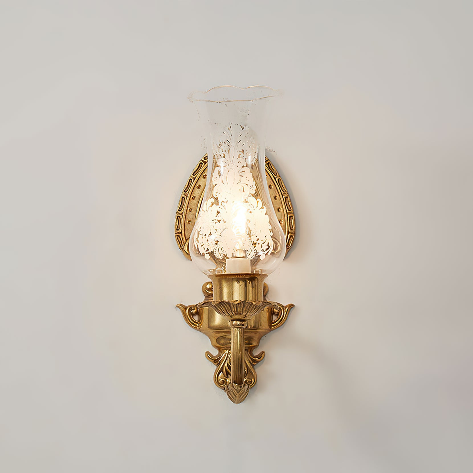 Acanthus Brass Hurricane Glass Sconce