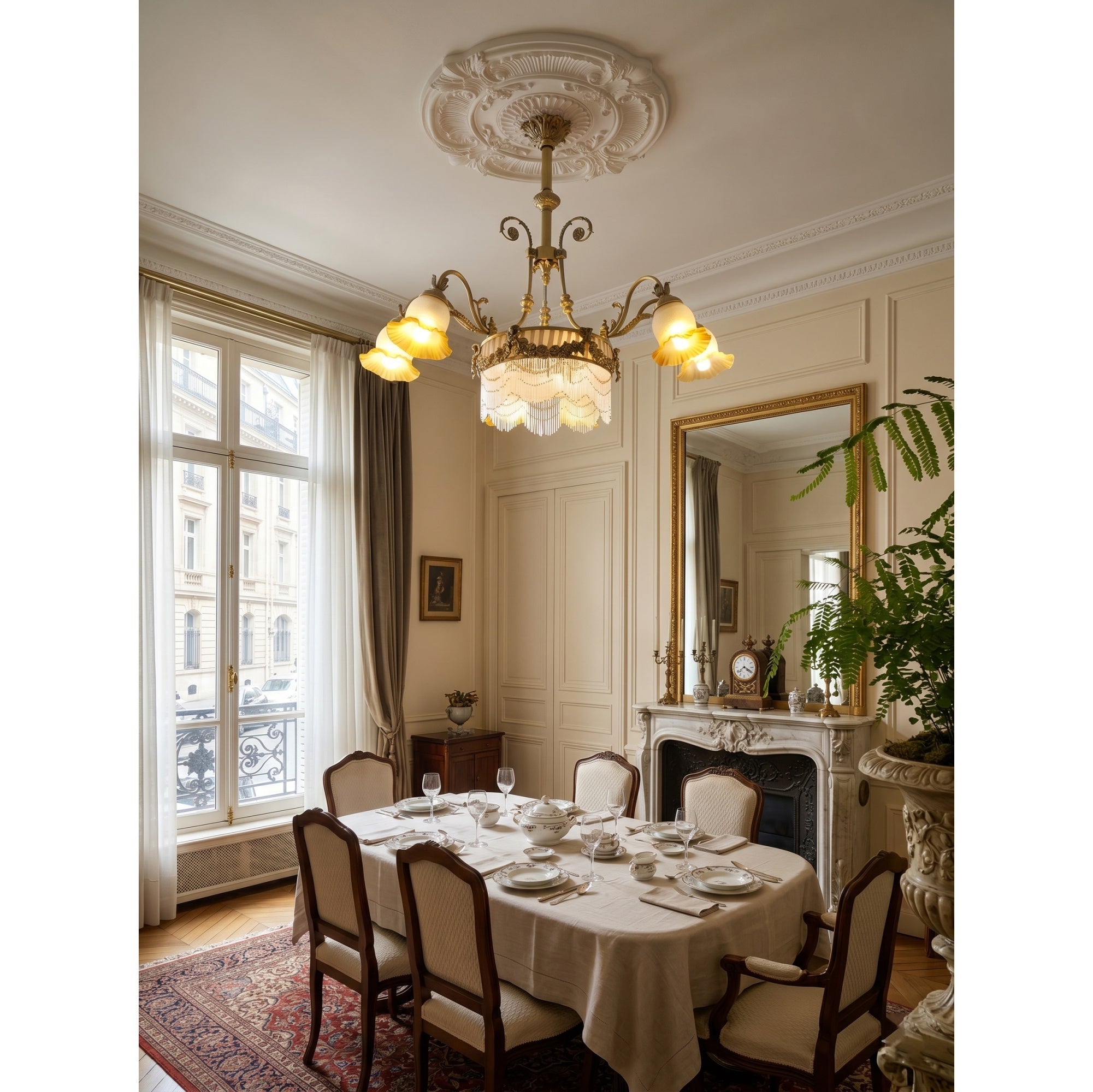 Fringed Drum & Floral Glass Chandelier