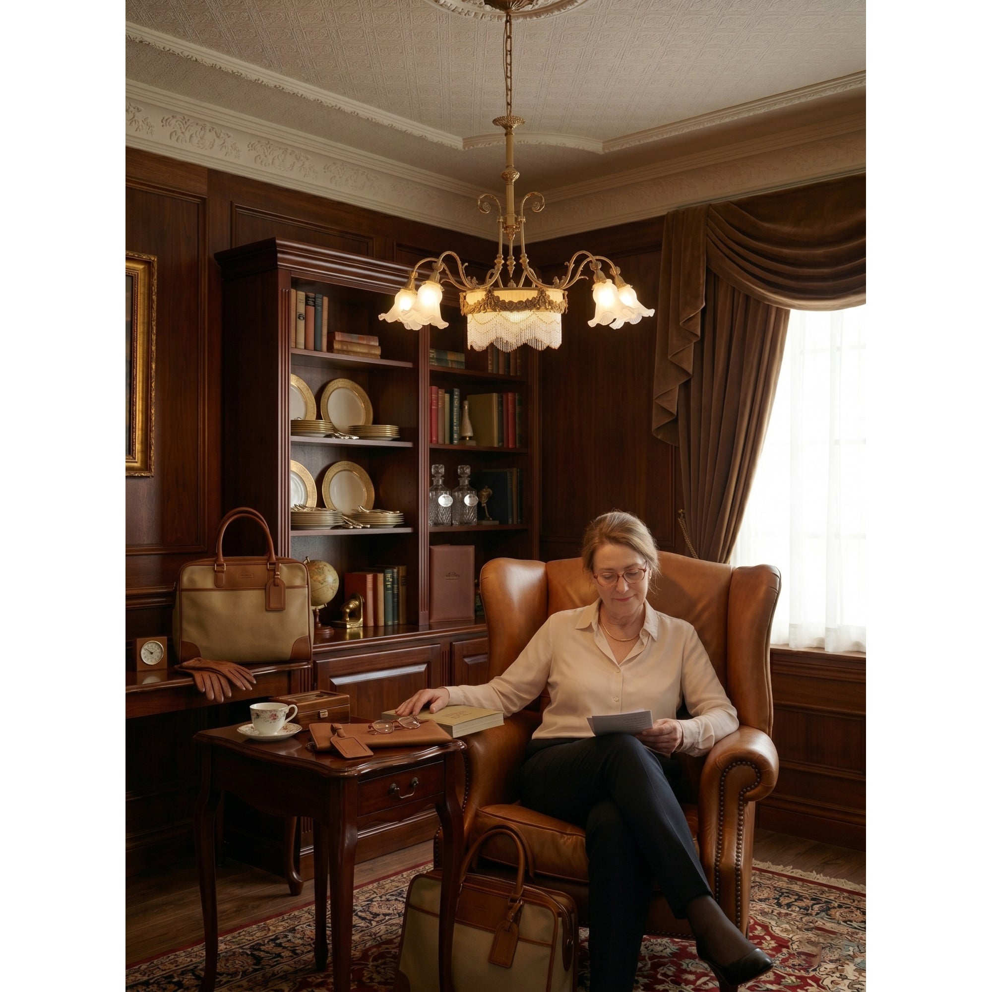 Fringed Drum & Floral Glass Chandelier