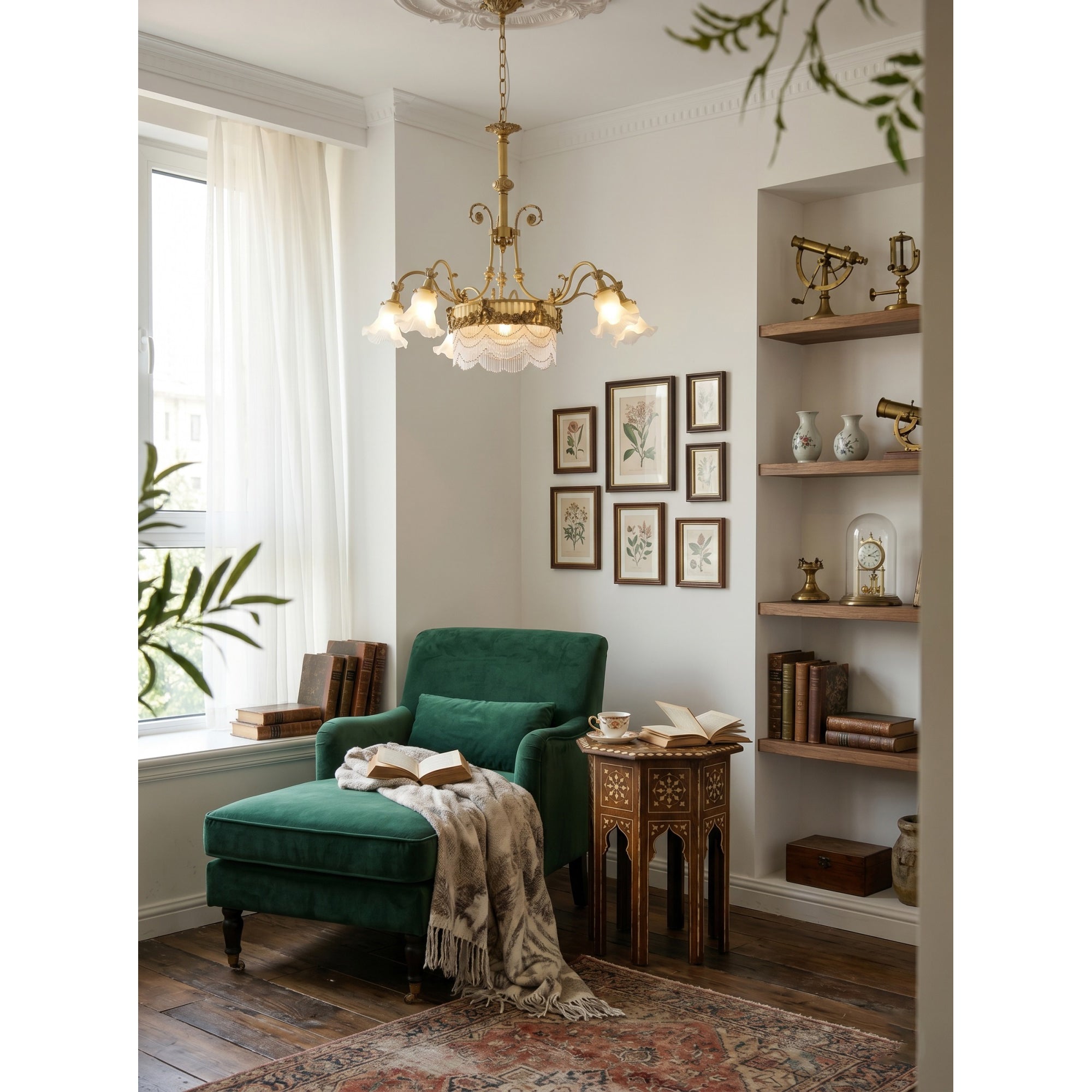 Fringed Drum & Floral Glass Chandelier