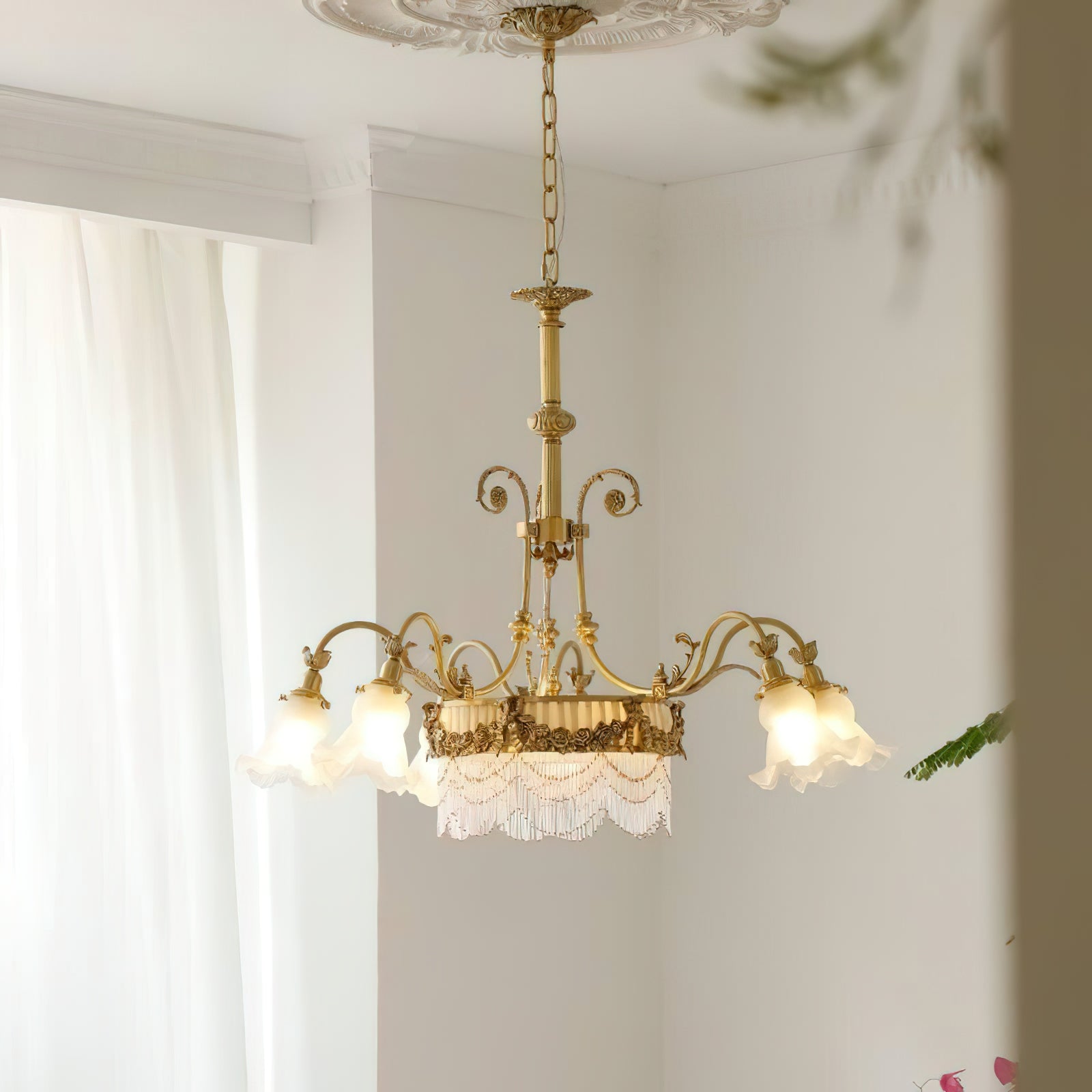 Fringed Drum & Floral Glass Chandelier