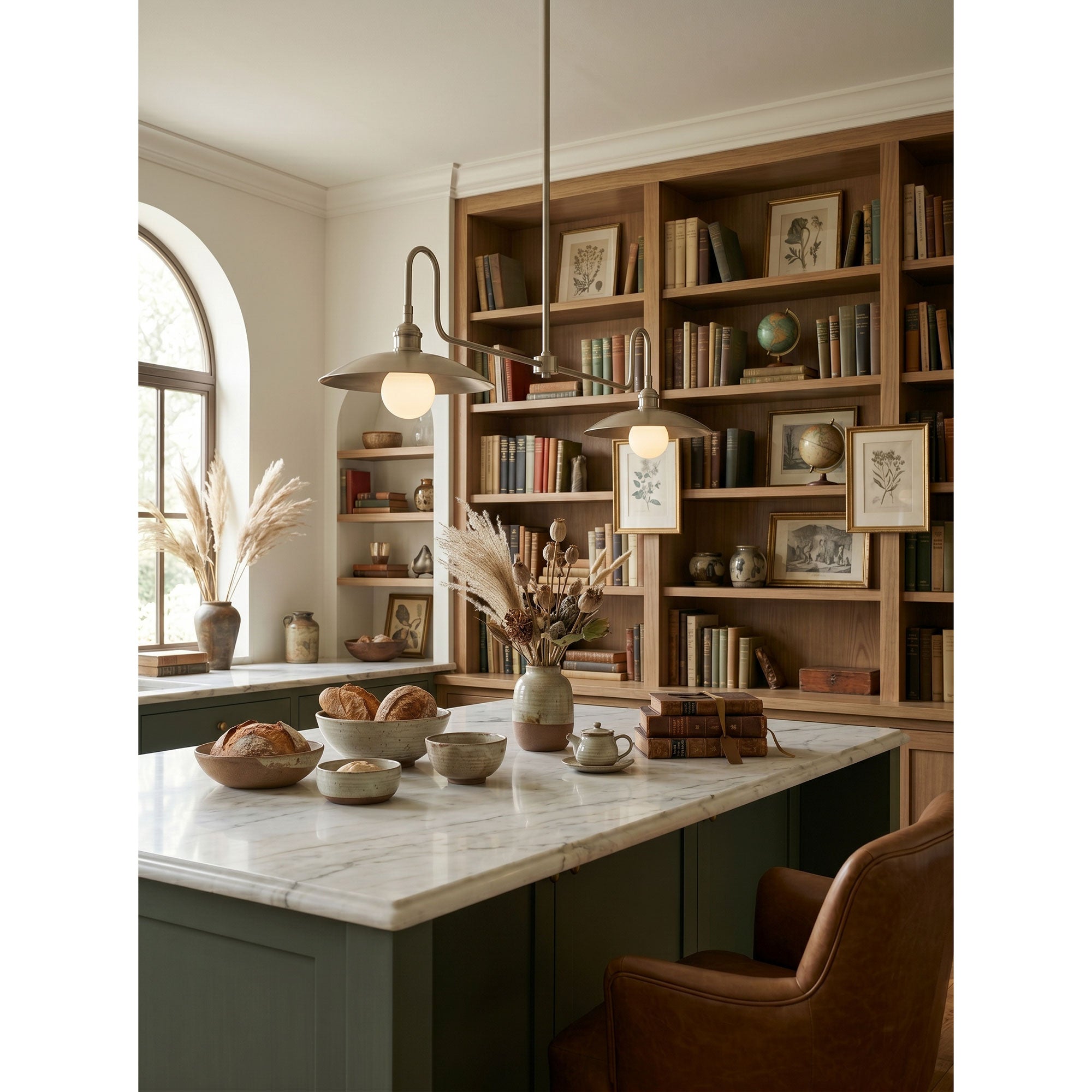 2-Light Brass Gooseneck Linear Island Chandelier