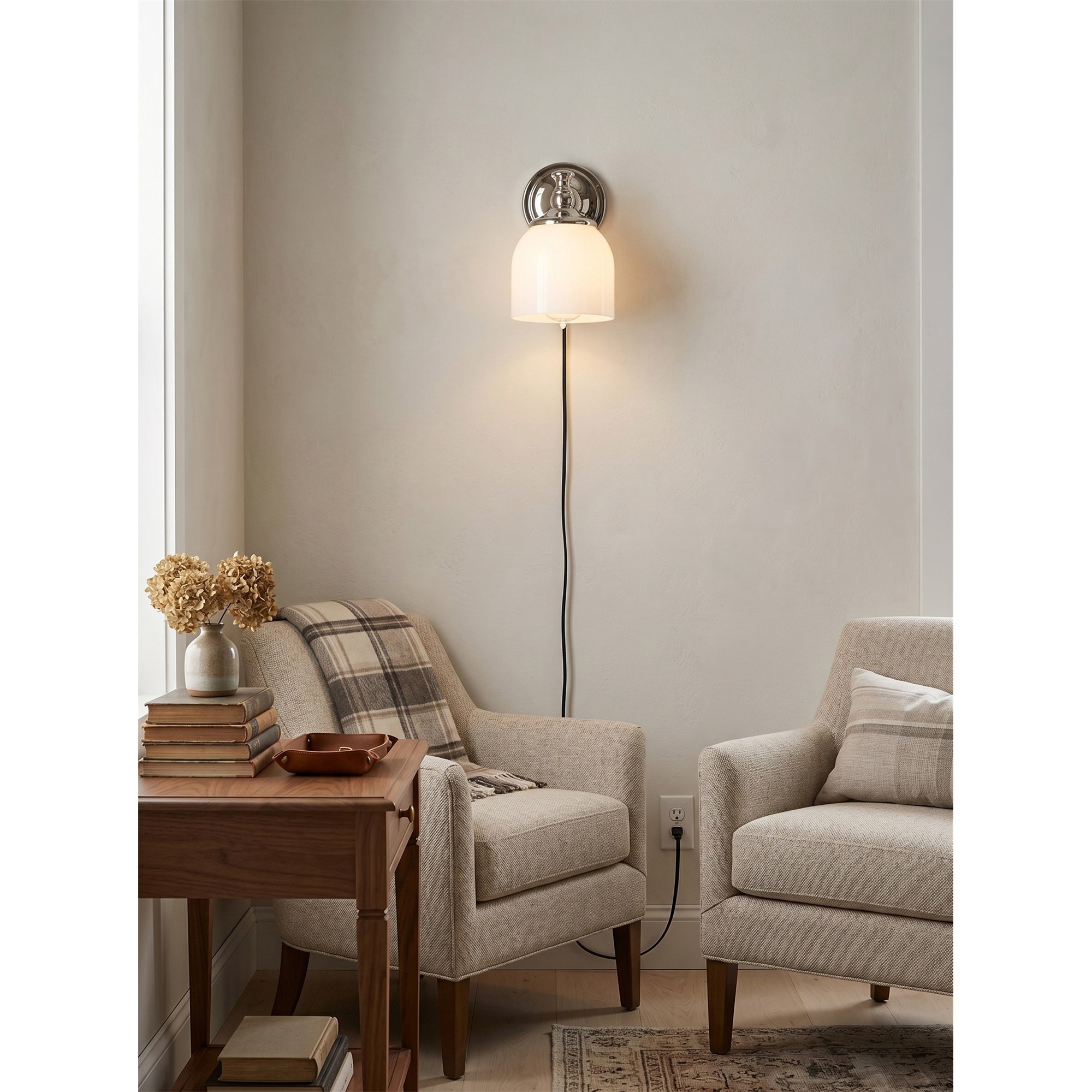 White Glass Plug-in Wall Sconce