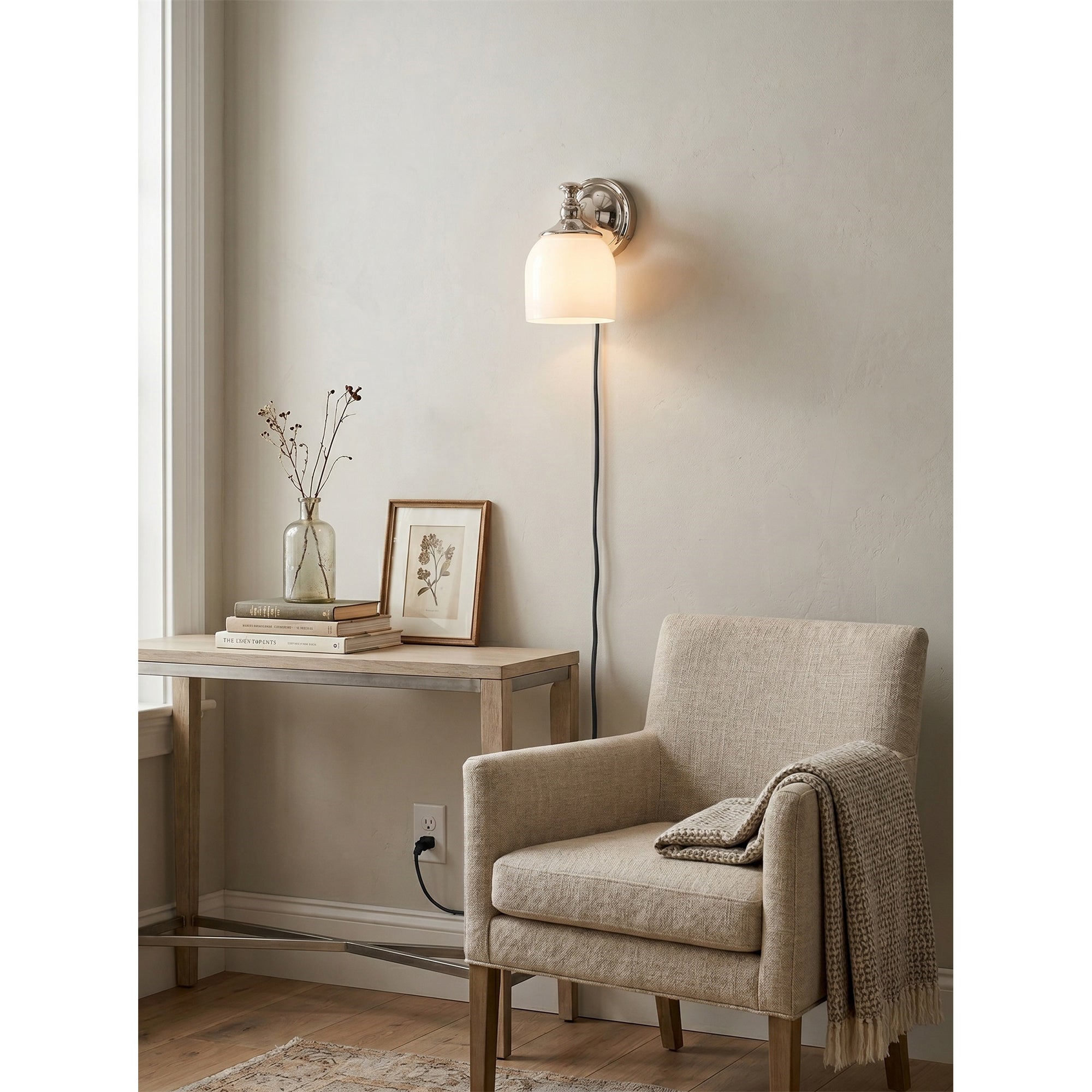 White Glass Plug-in Wall Sconce