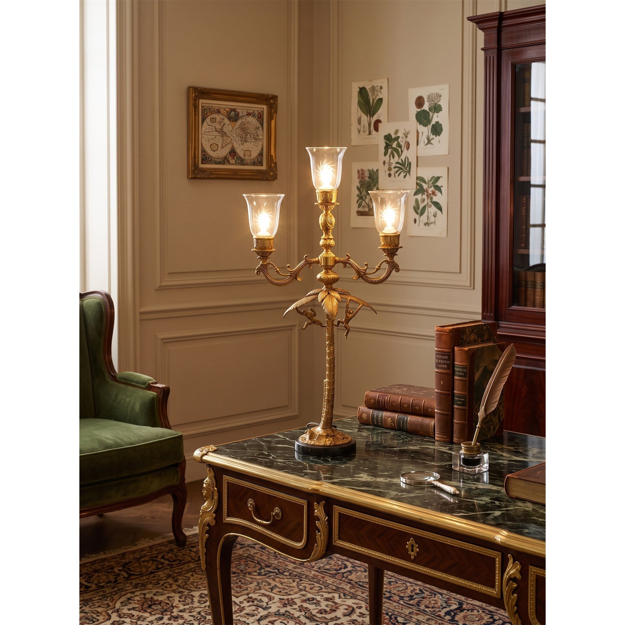 Brass Palm Tree Marble Table Lamp