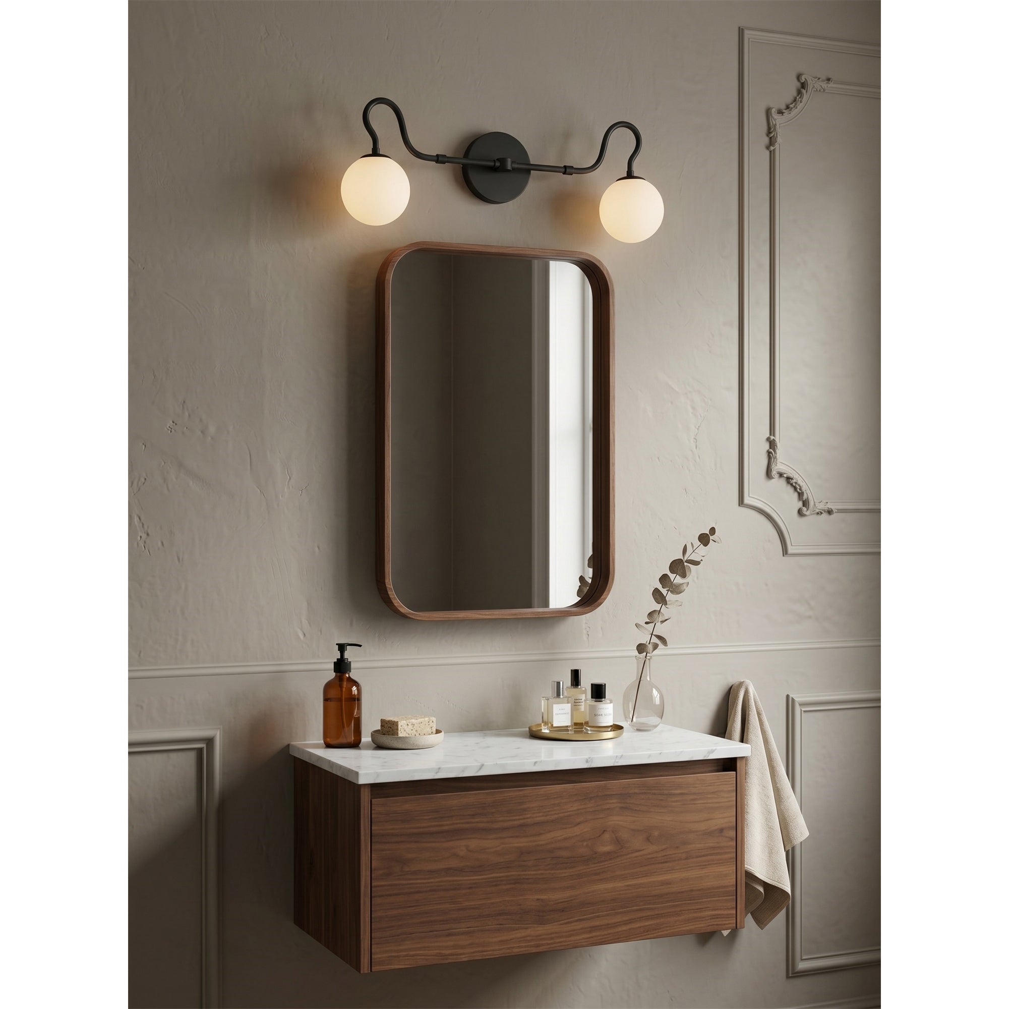2-Light Brass Glass Globe Vanity Sconce