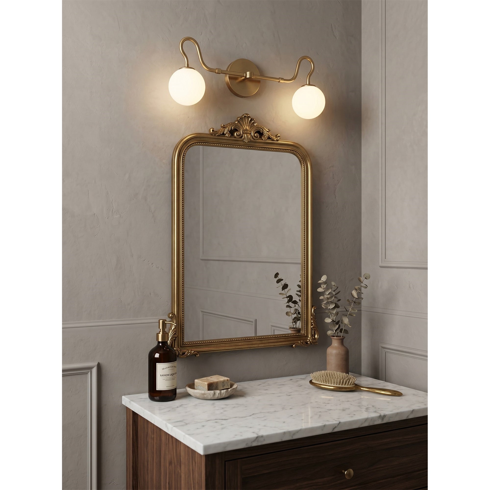 2-Light Brass Glass Globe Vanity Sconce