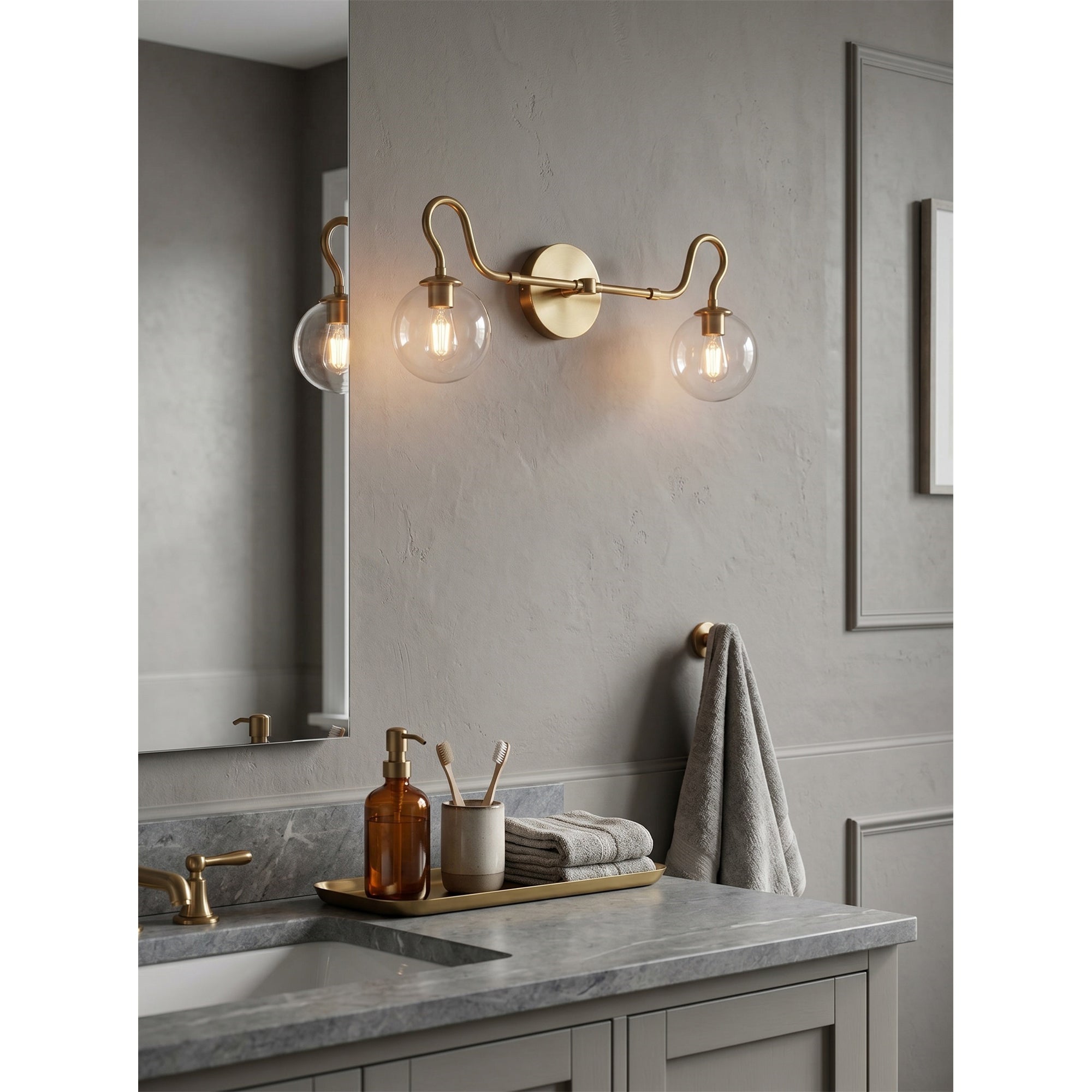 2-Light Brass Glass Globe Vanity Sconce