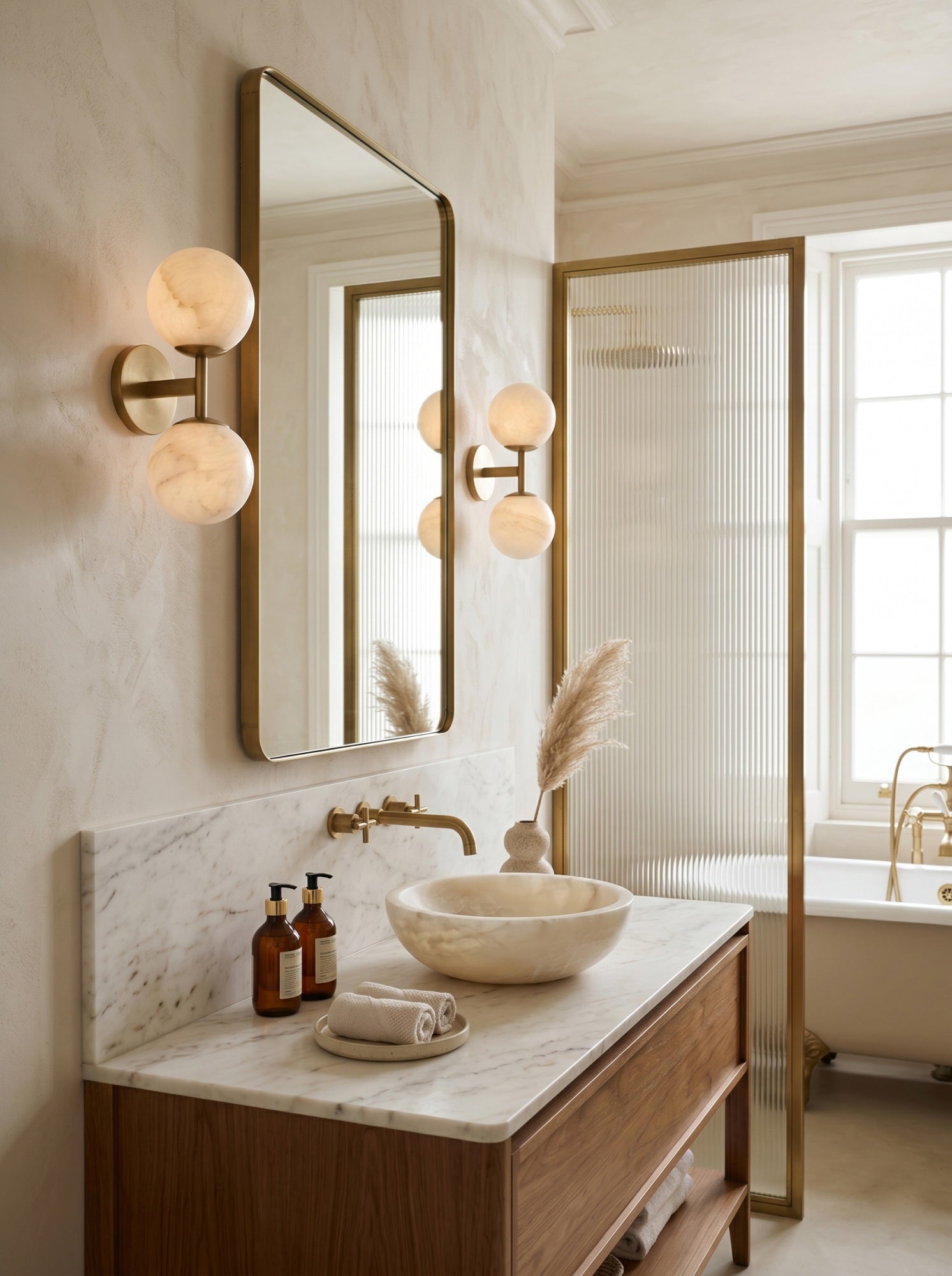 Alabaster & Antique Brass Vanity Wall Sconce