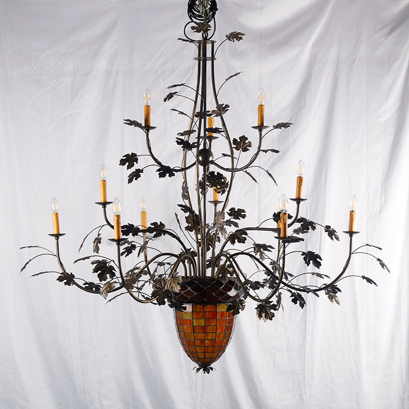 15-Light Iron Vine Amber Acorn Chandelier