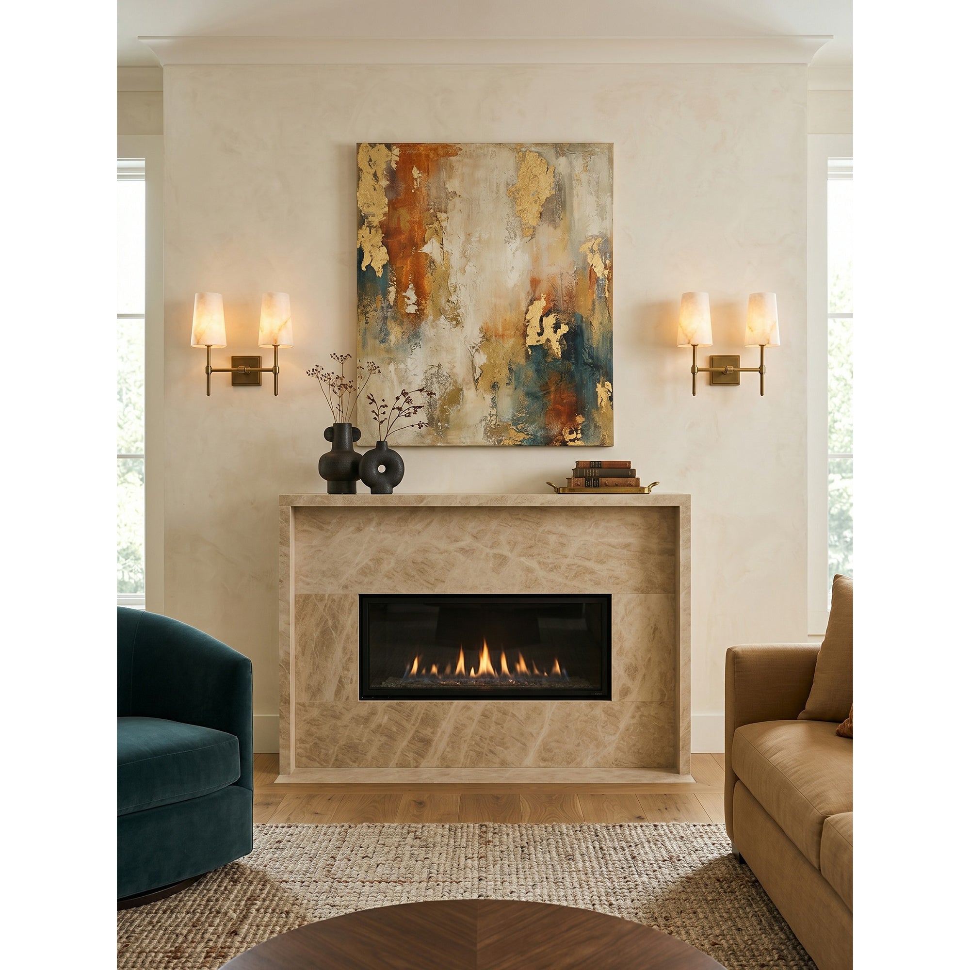 Tall Brass & Alabaster Column Wall Sconce