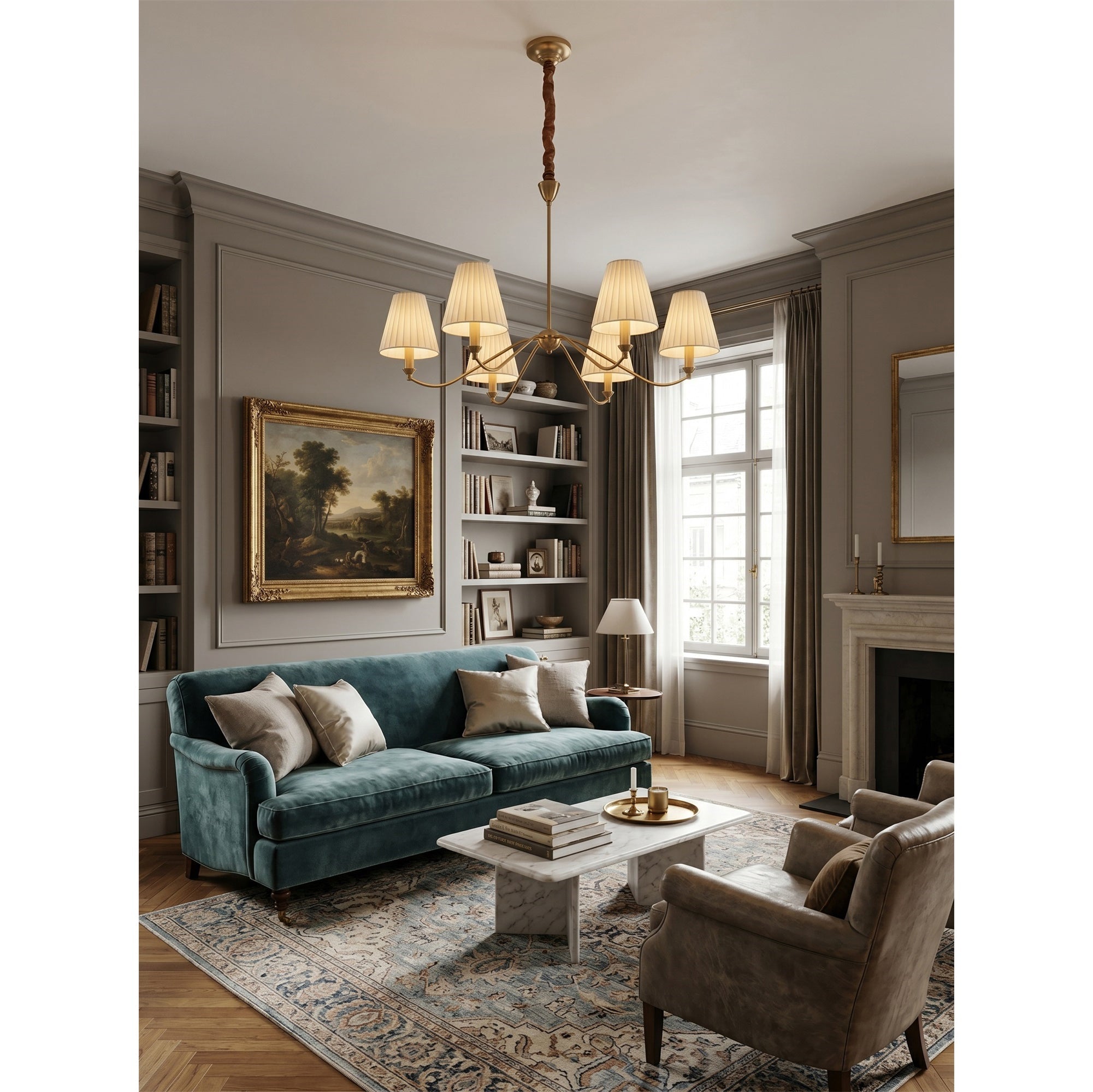 Curved Arm Brass Pleated Chandelier