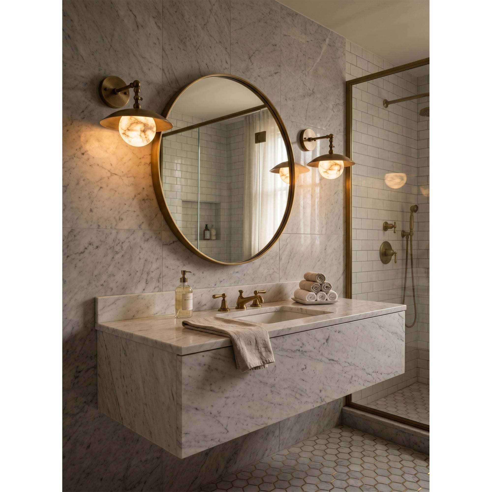 Alabaster Orb & Brass Dome Wall Sconce