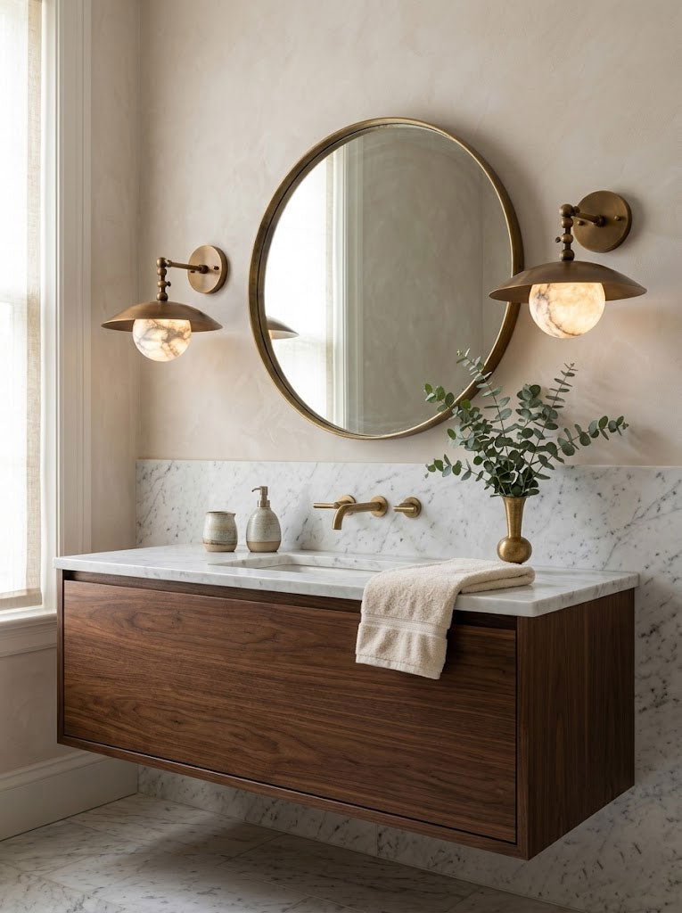 Alabaster Orb & Brass Dome Wall Sconce