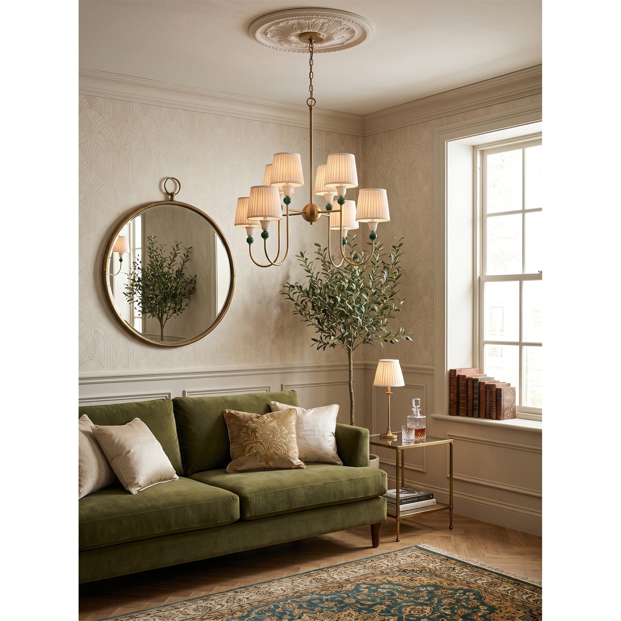 8-Light Malachite Brass Pleated Chandelier