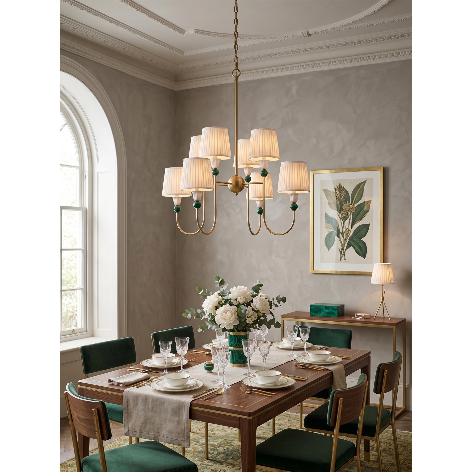 8-Light Malachite Brass Pleated Chandelier