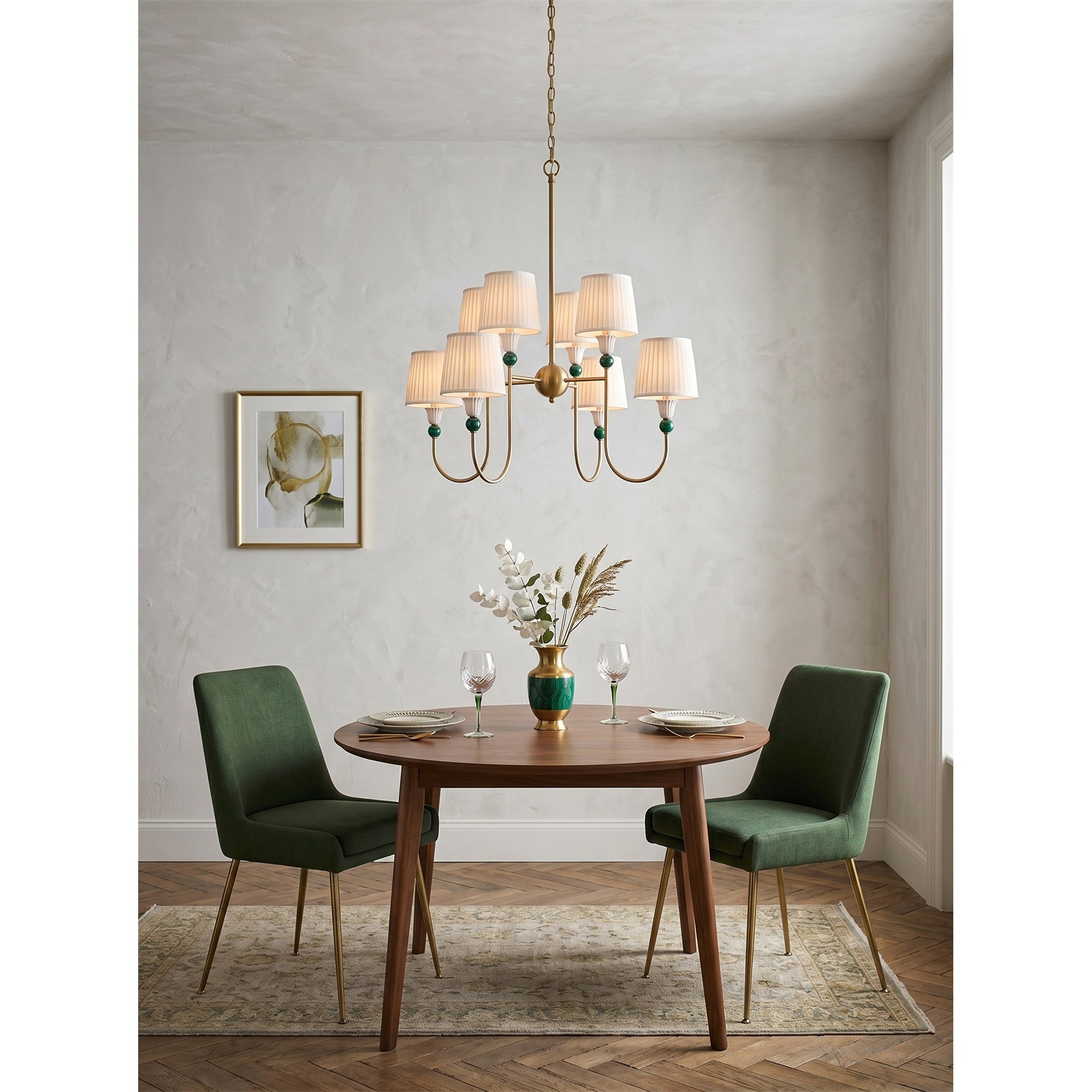 8-Light Malachite Brass Pleated Chandelier