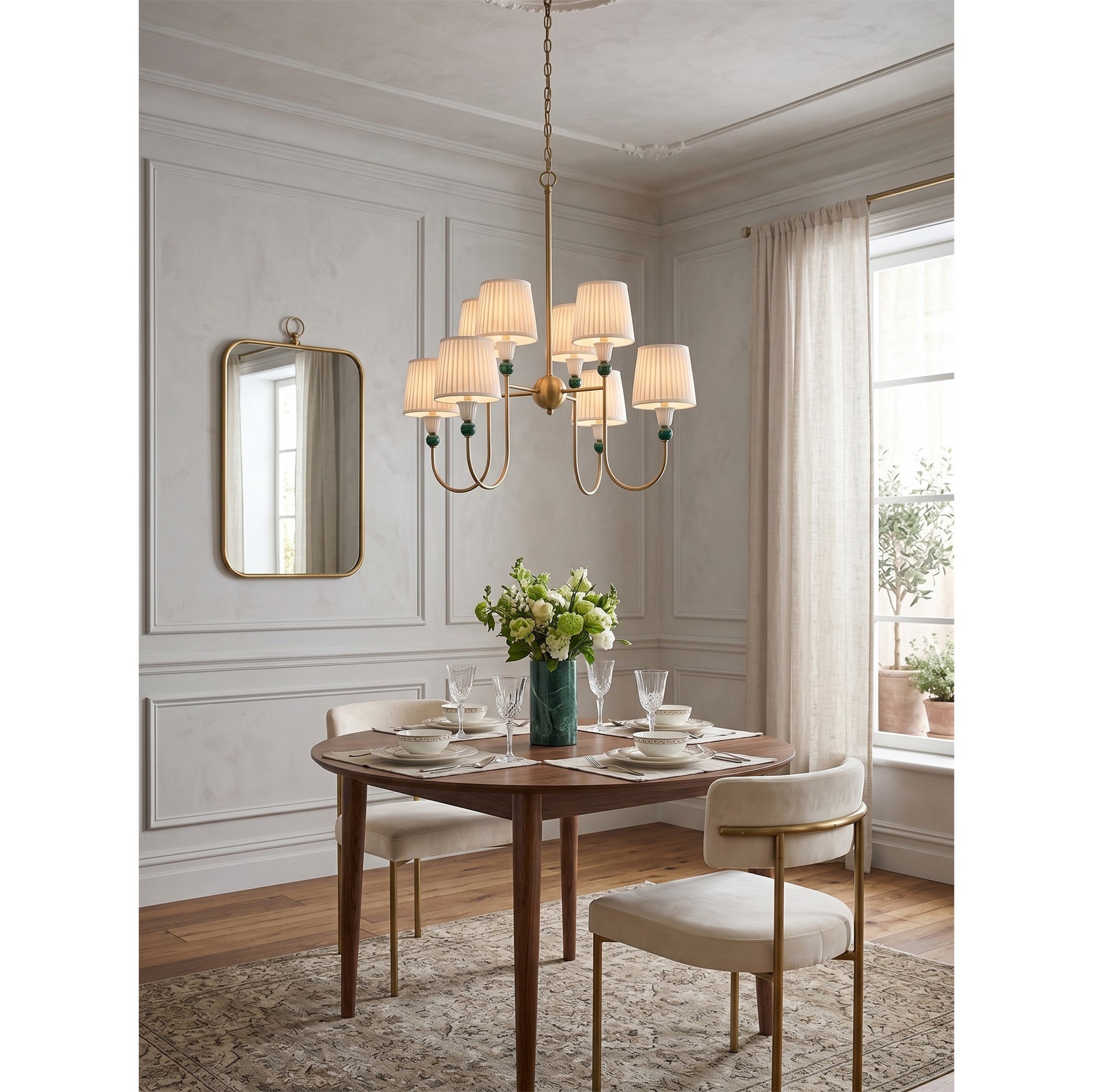 8-Light Malachite Brass Pleated Chandelier