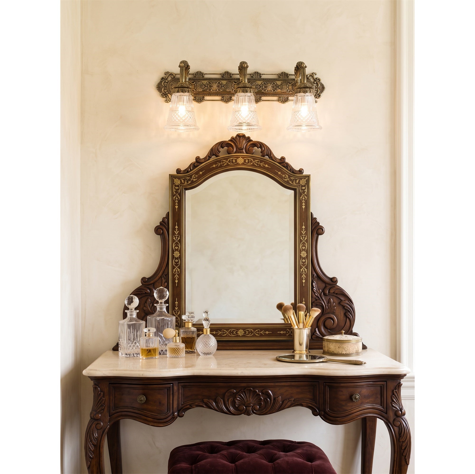 3-Light Cut Glass Brass Vanity Sconce