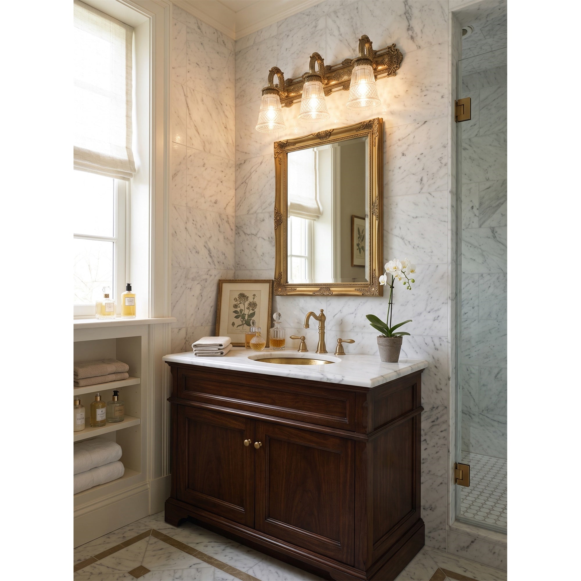 3-Light Cut Glass Brass Vanity Sconce