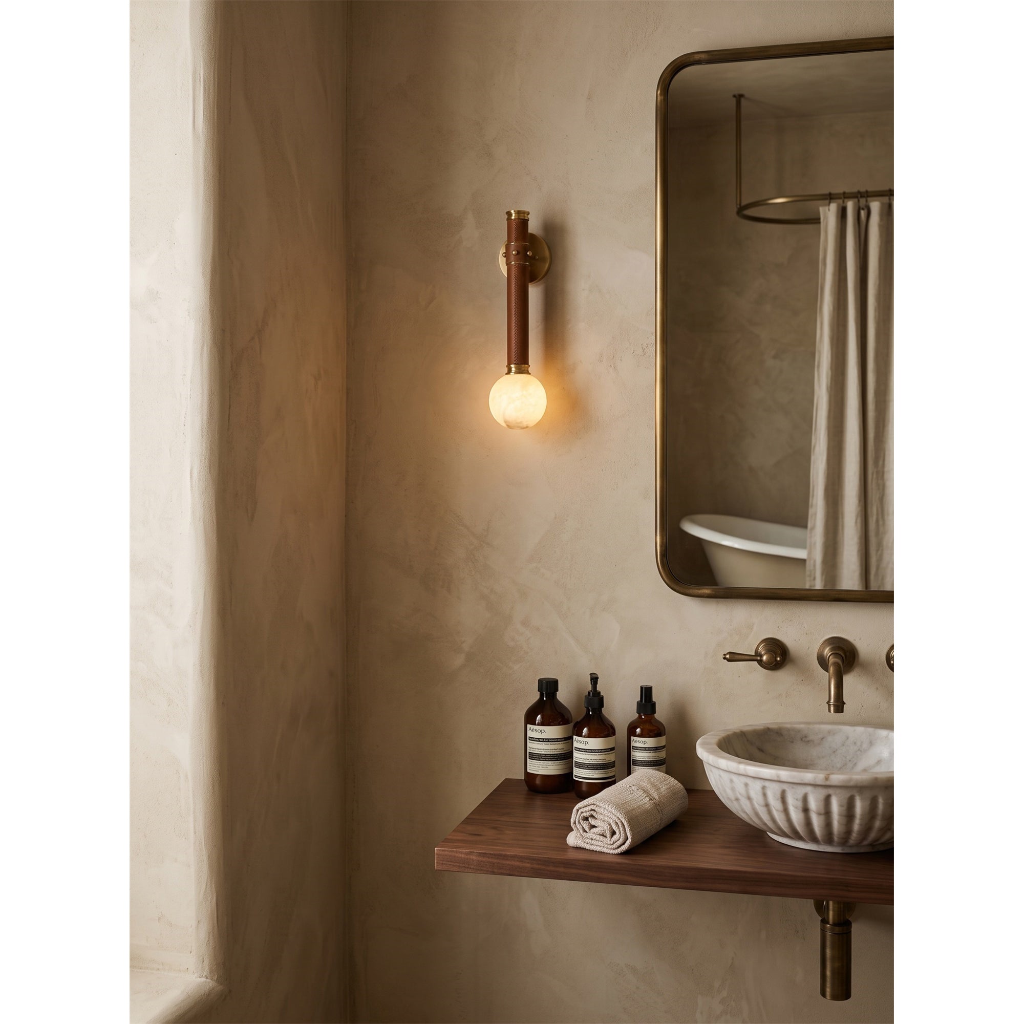 Stitched Leather Alabaster Globe Sconce