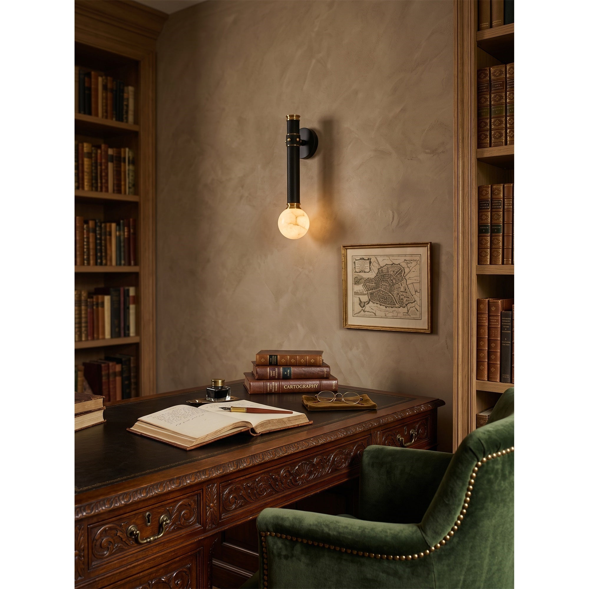 Stitched Leather Alabaster Globe Sconce