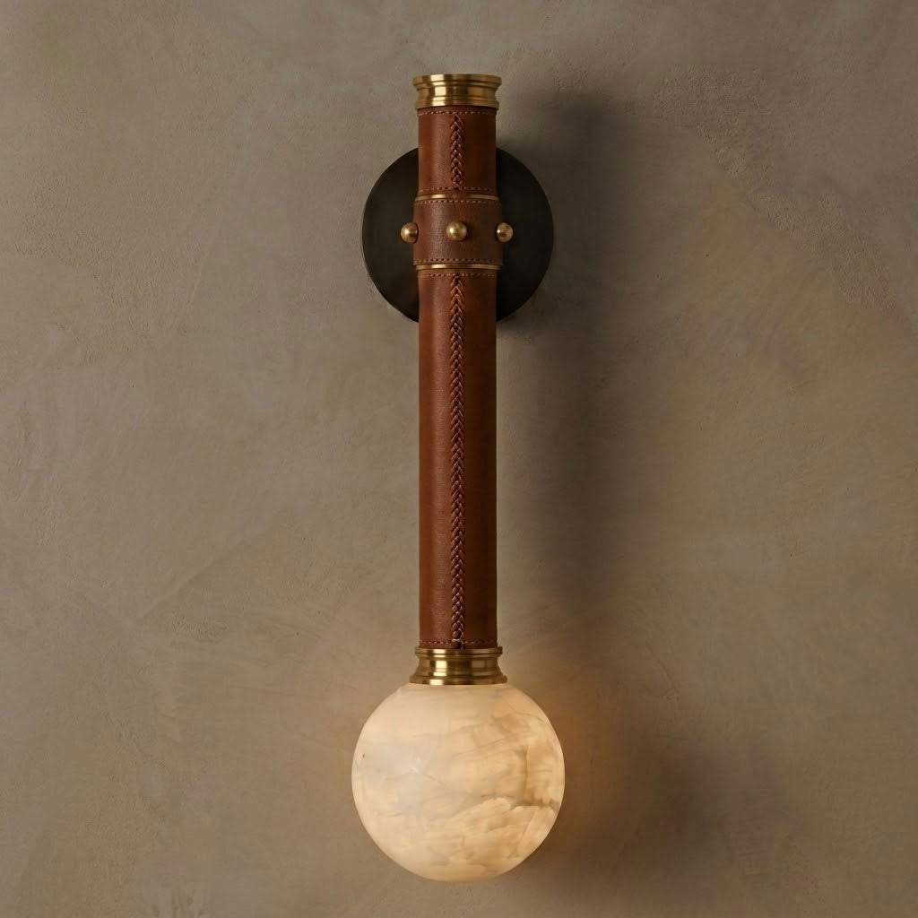 Stitched Leather Alabaster Globe Sconce