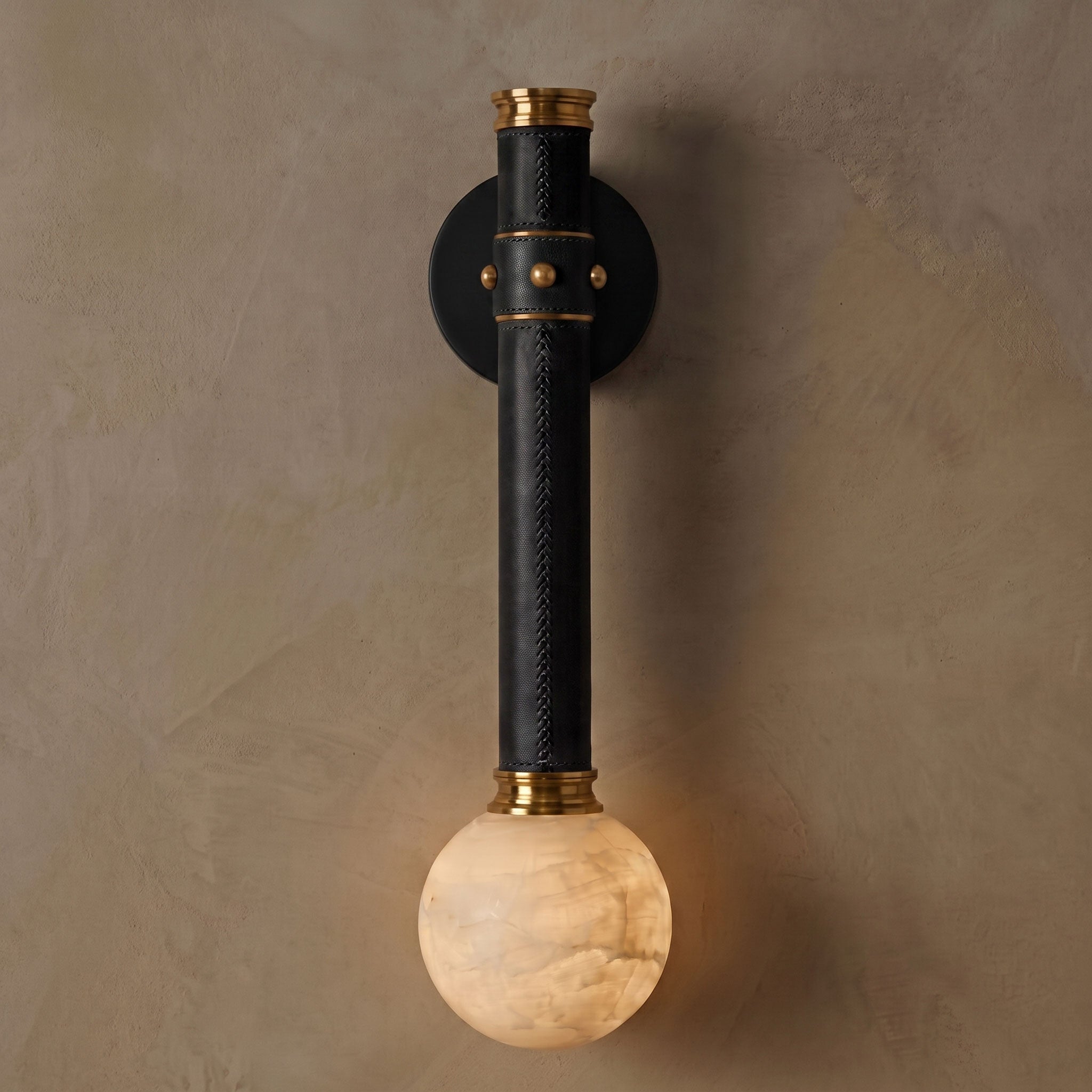 Stitched Leather Alabaster Globe Sconce