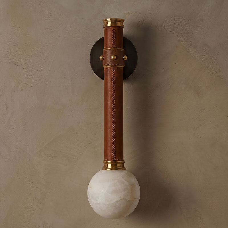 Stitched Leather Alabaster Globe Sconce