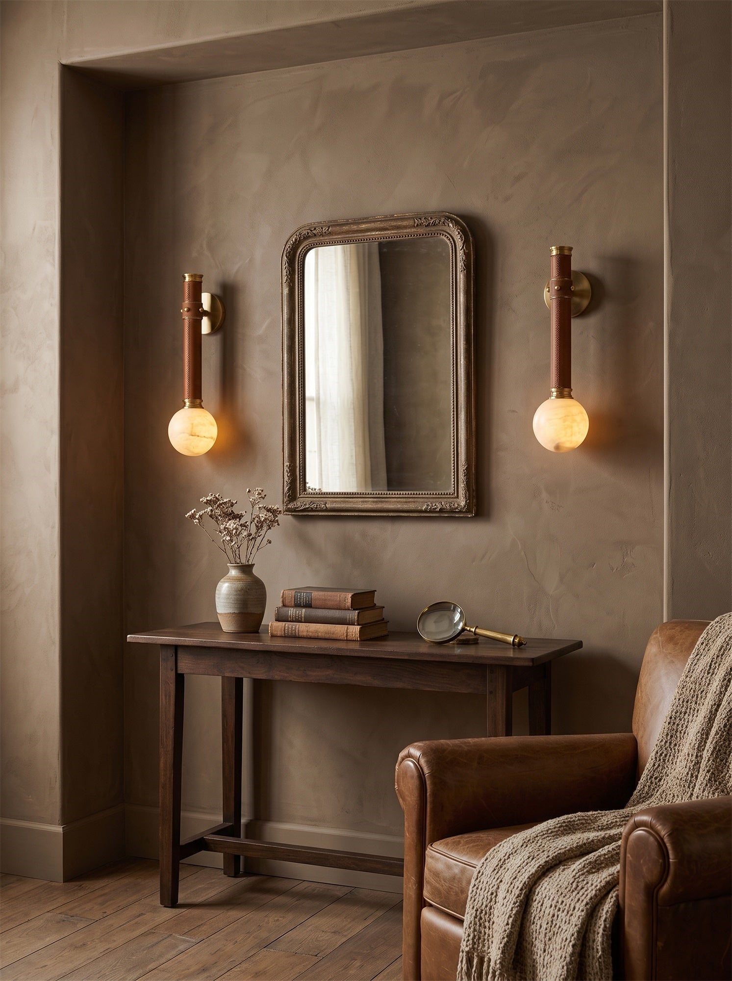 Stitched Leather Alabaster Globe Sconce