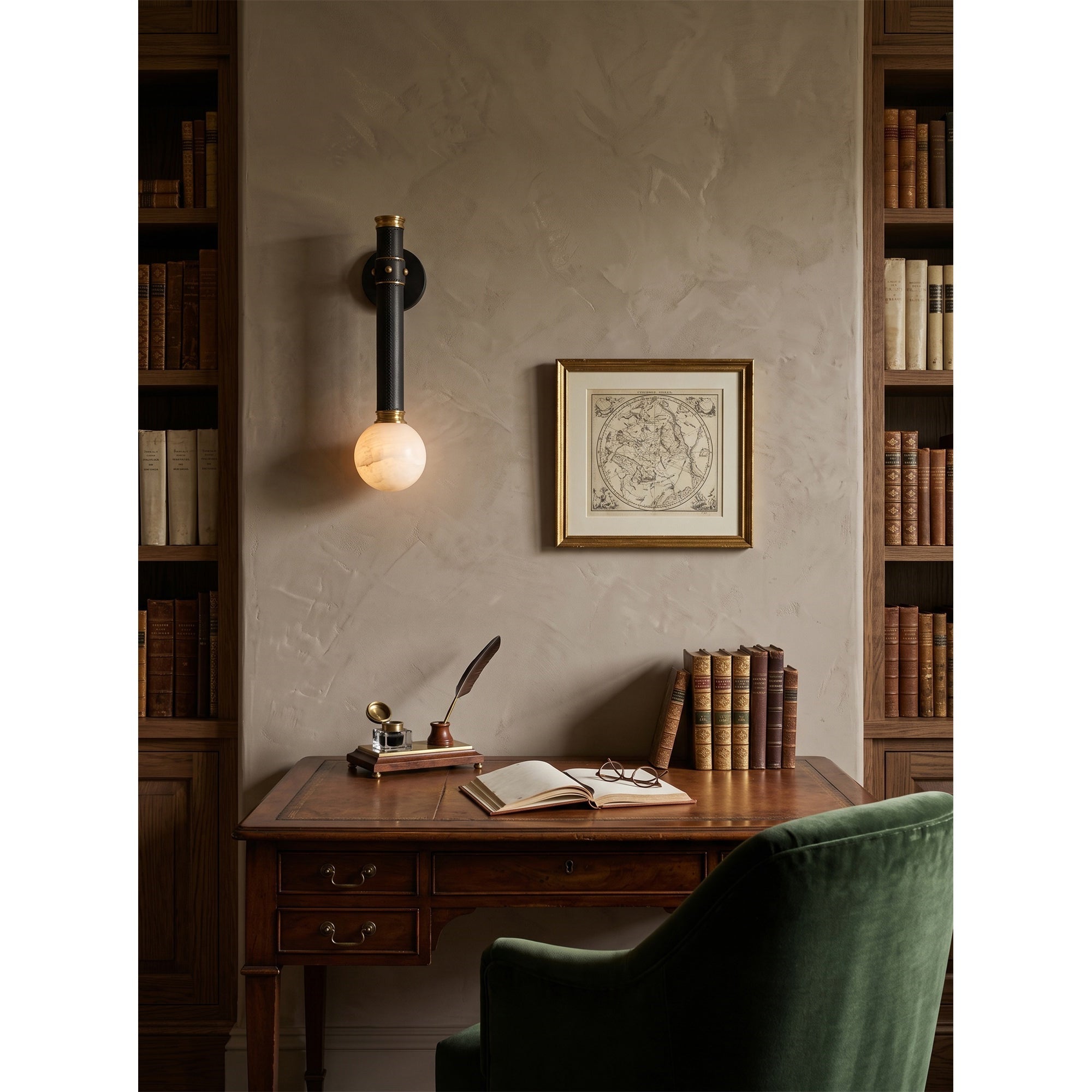 Stitched Leather Alabaster Globe Sconce