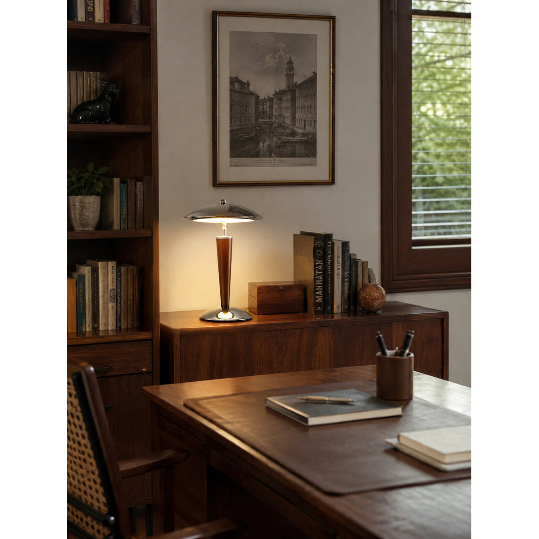 Chrome Dome & Walnut Table Lamp