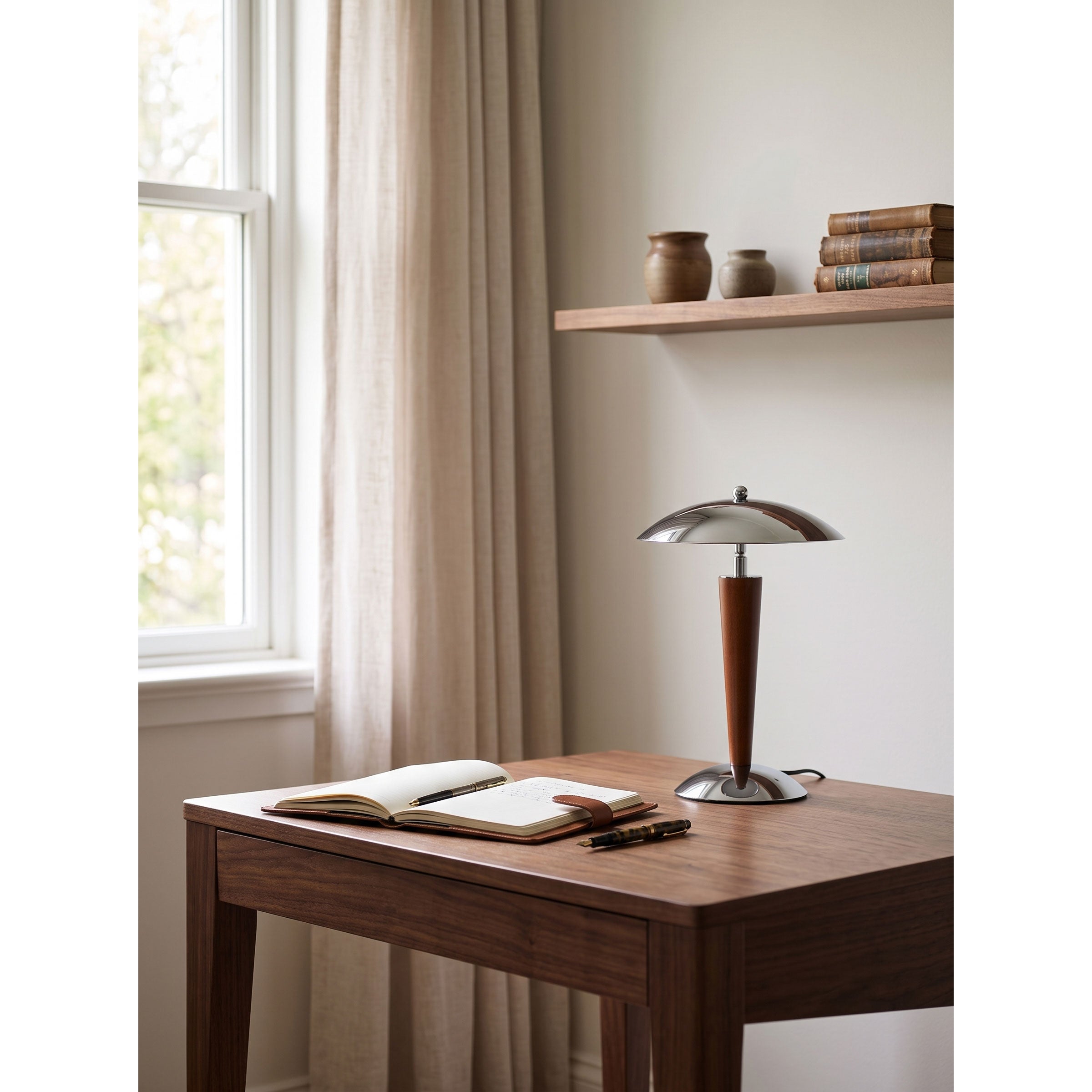 Chrome Dome & Walnut Table Lamp