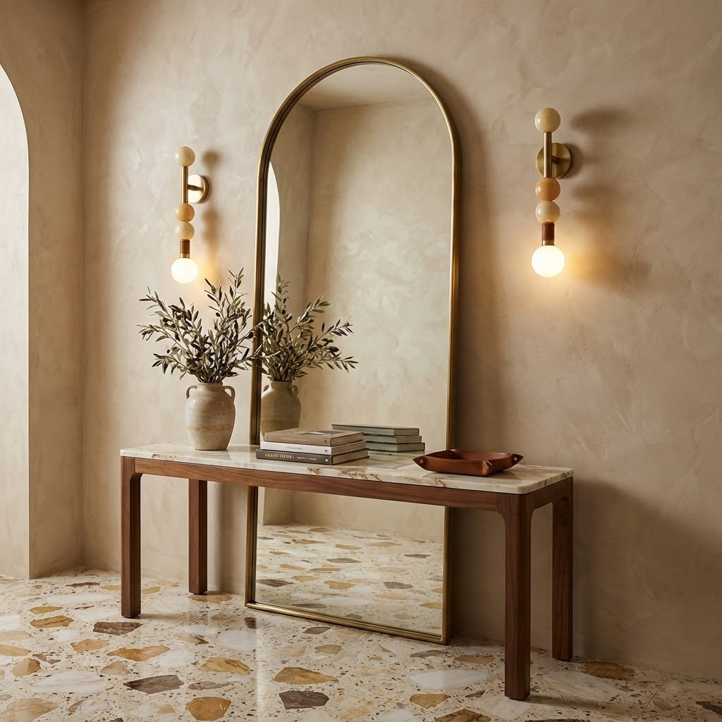 Marble, Glass & Leather Sculptural Wall Sconce