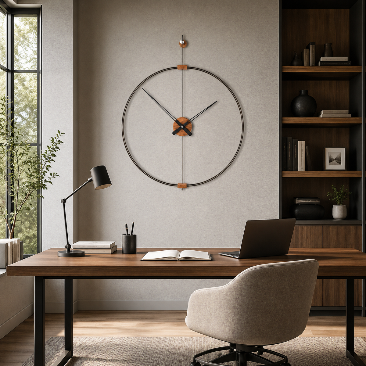 Oversized Metal and Walnut Wall Clock