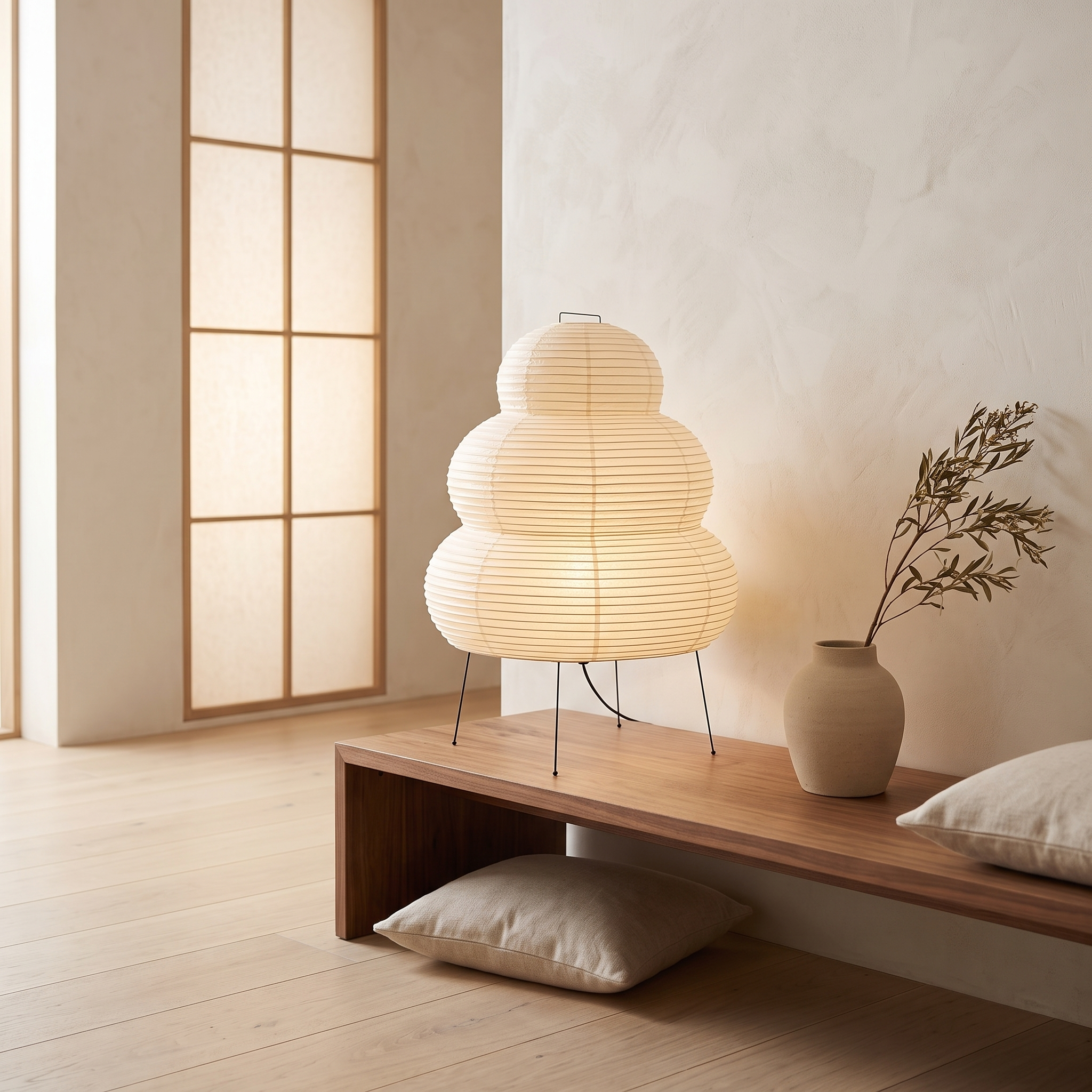 Japanese Lantern Table Lamp on a walnut console in a Japandi living room