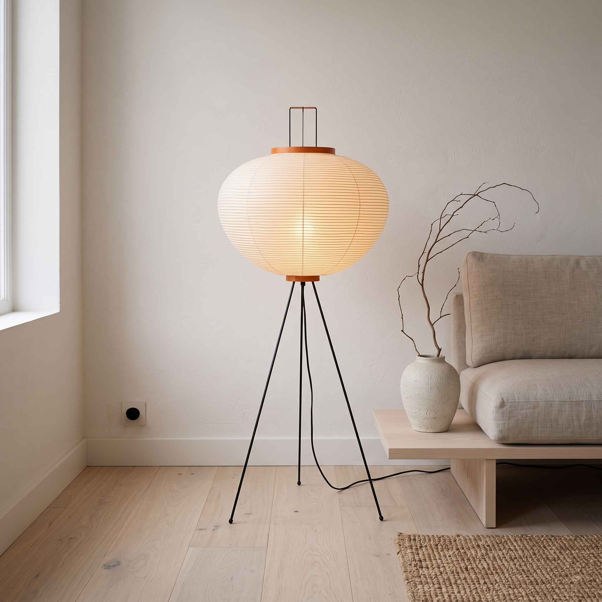 Rice Paper Floor Lamp in a Japandi living room corner