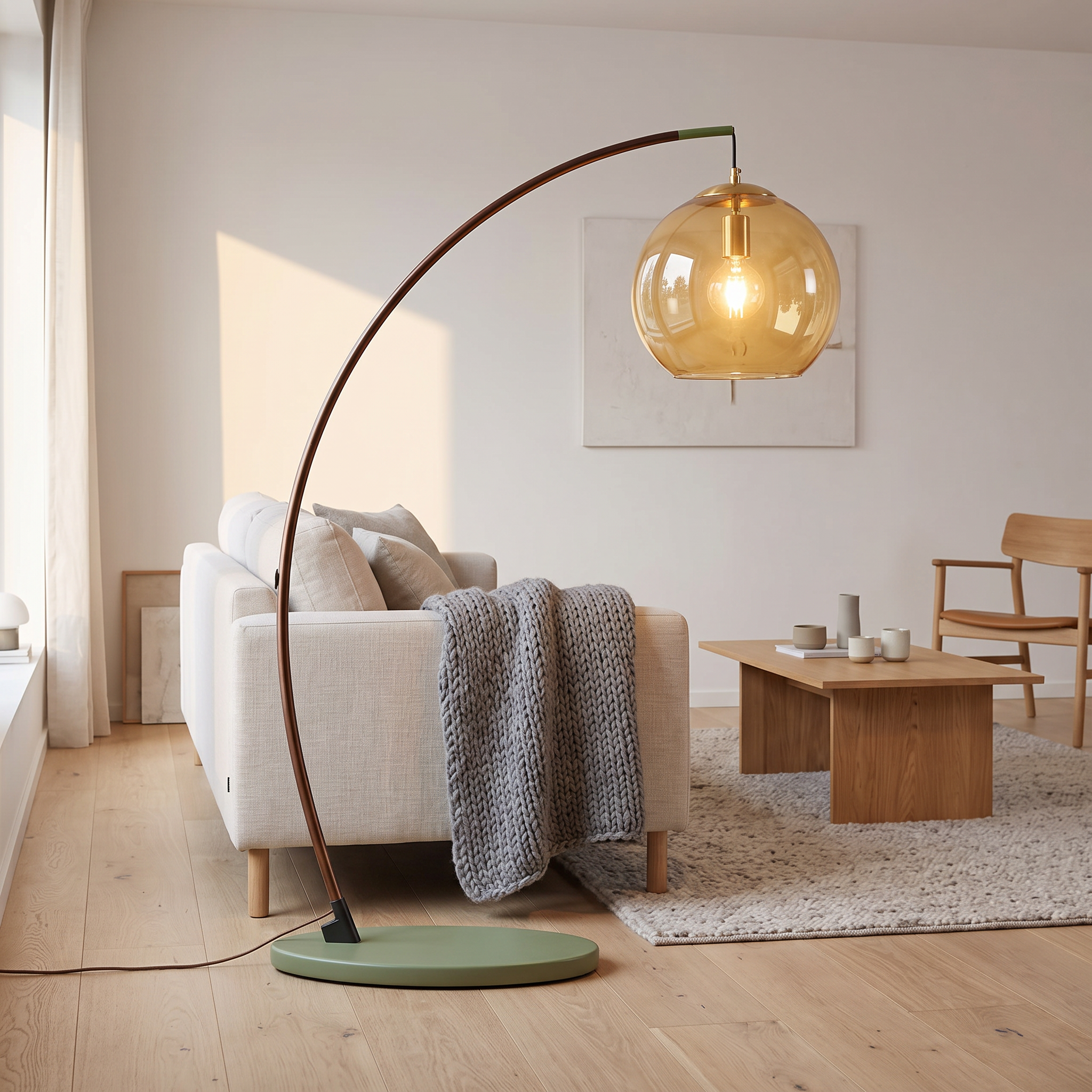 Joni Arc Floor Lamp arcing over a living room sofa