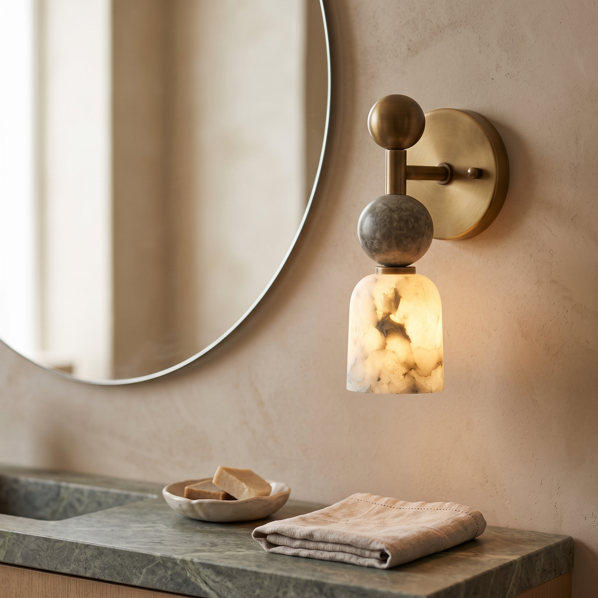 Flume Alabaster Wall Lamp beside a bathroom vanity mirror