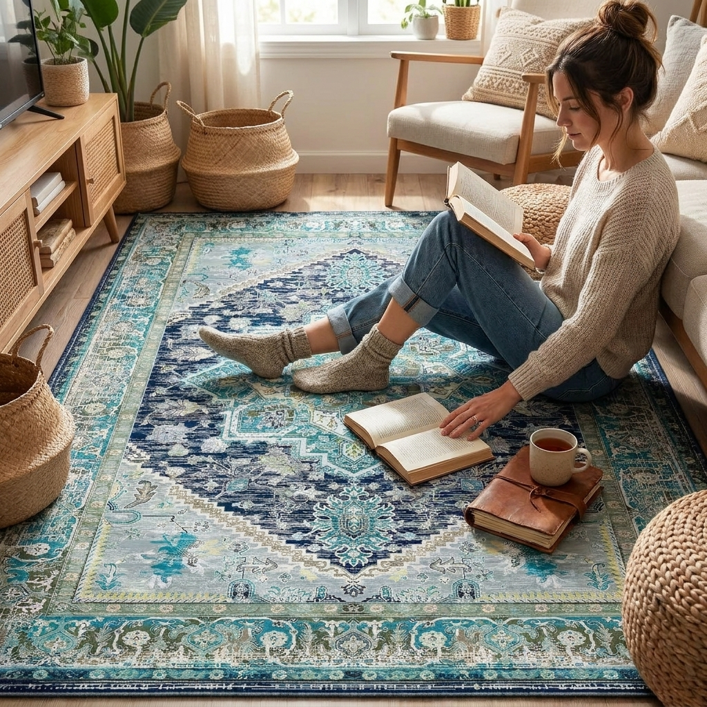 Retro ethnic style carpet in a bohemian room