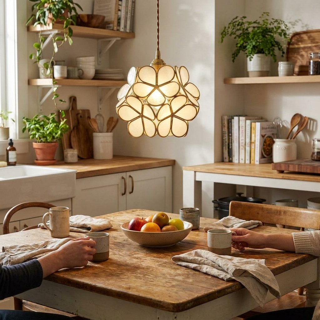 Glass petal pendant light over a kitchen island