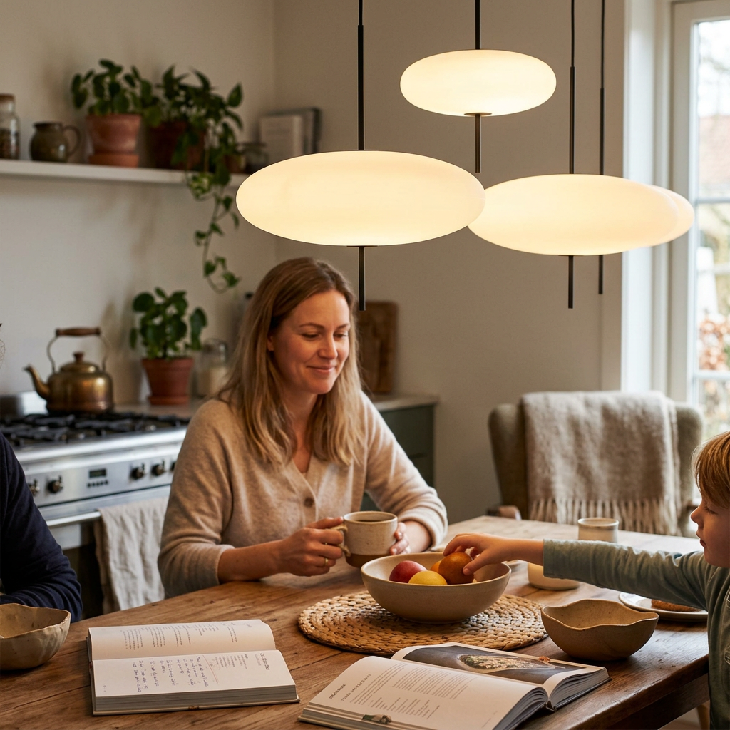 Opal disc suspension lamp in a modern room