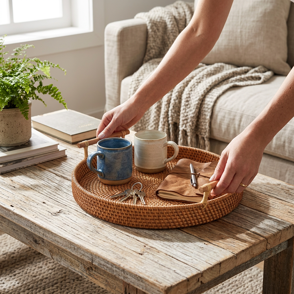 Handwoven rattan tray in use on a table