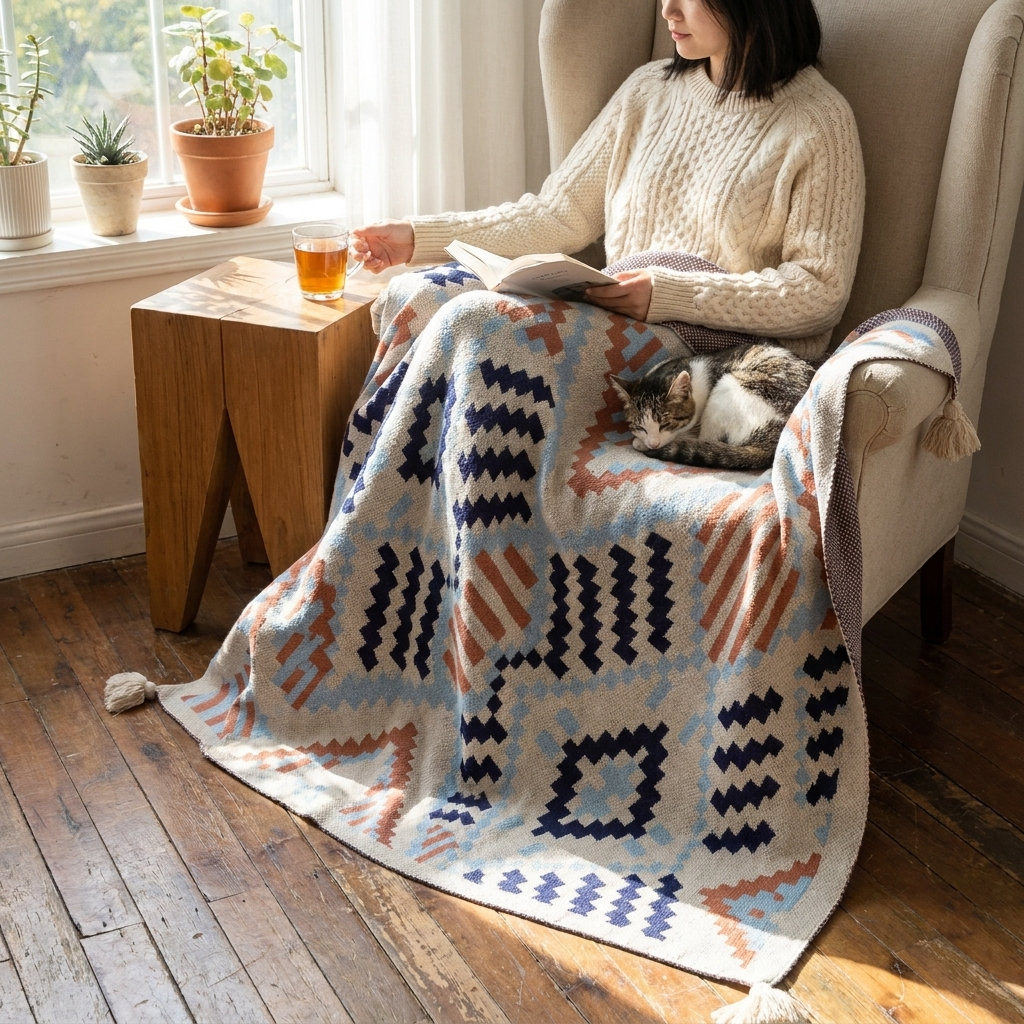 Knitted throw draped in a living room