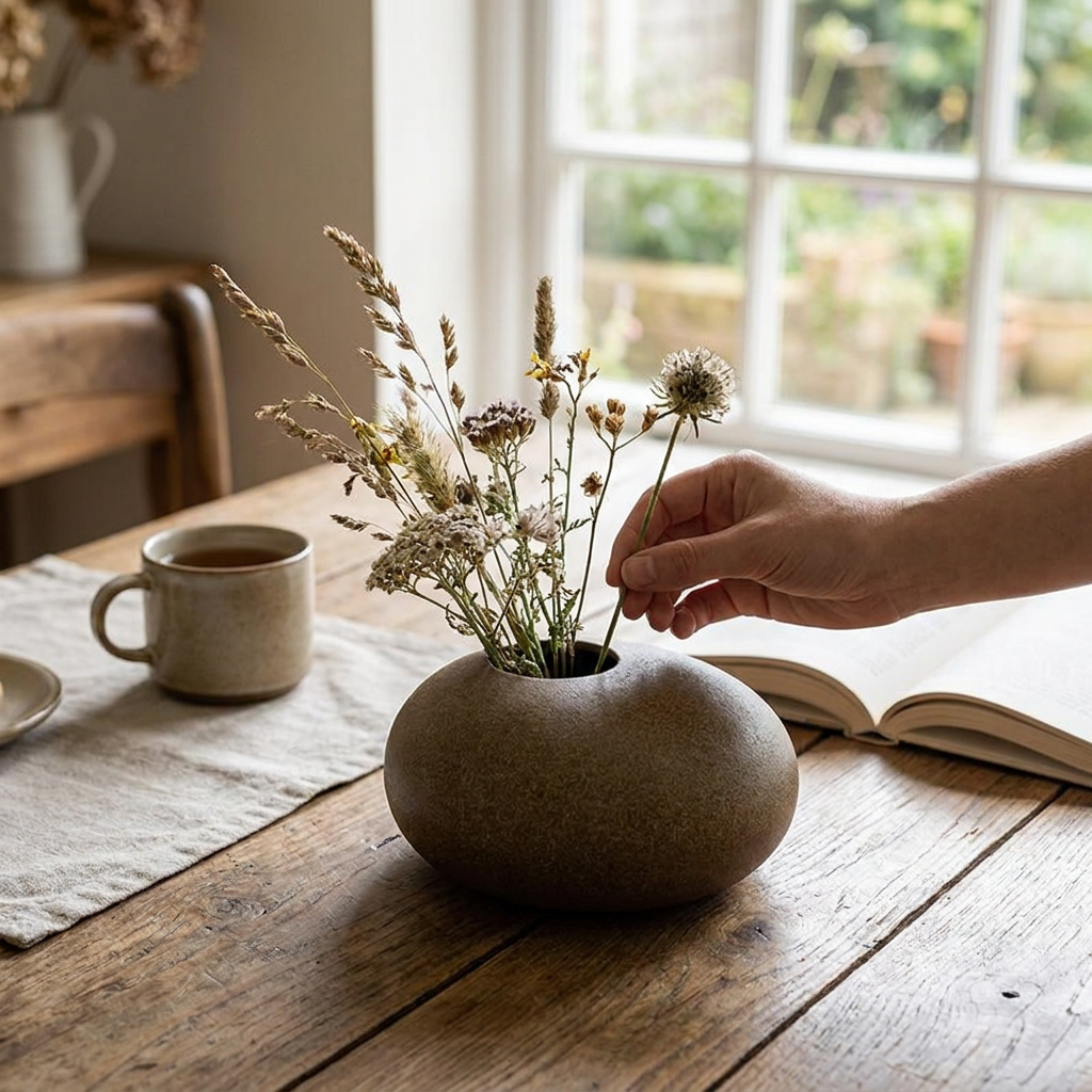 Coarse terracotta vase on a styled surface