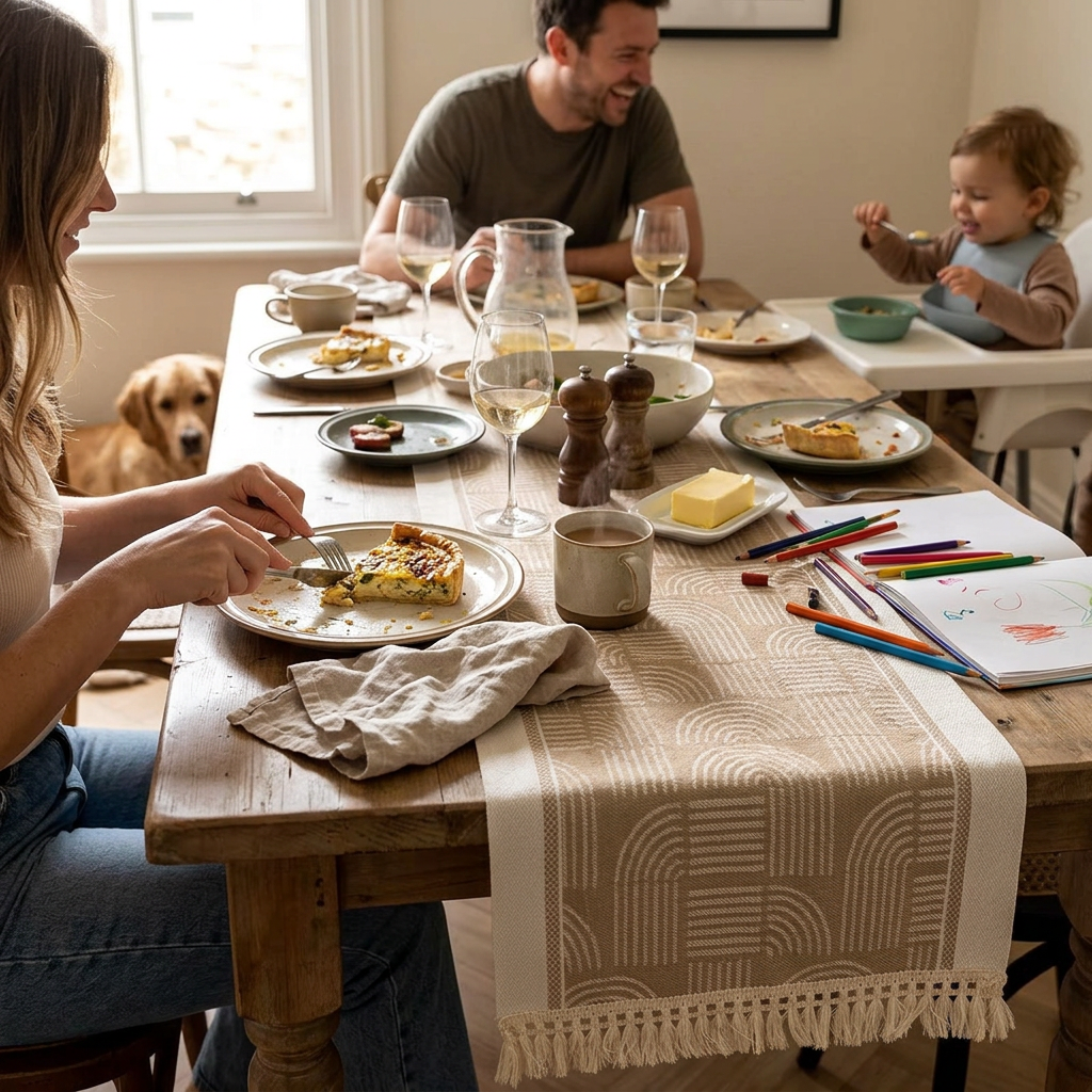 Linen-weave table runner set on a dining table