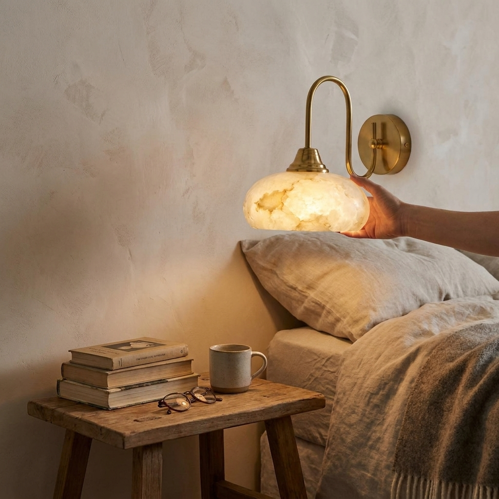 Nova Alabaster Wall Sconce in a styled interior setting