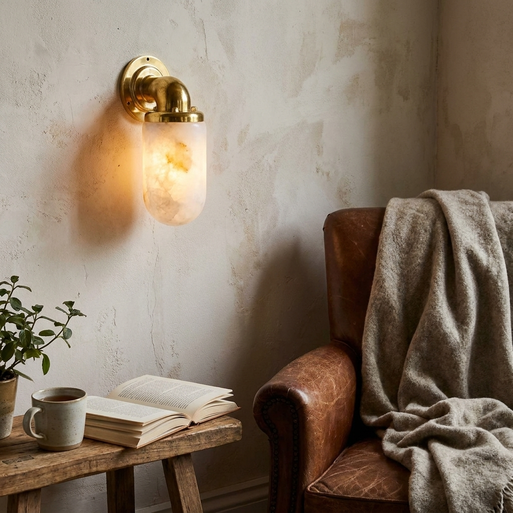 Marine Alabaster Wall Sconce in a styled interior setting